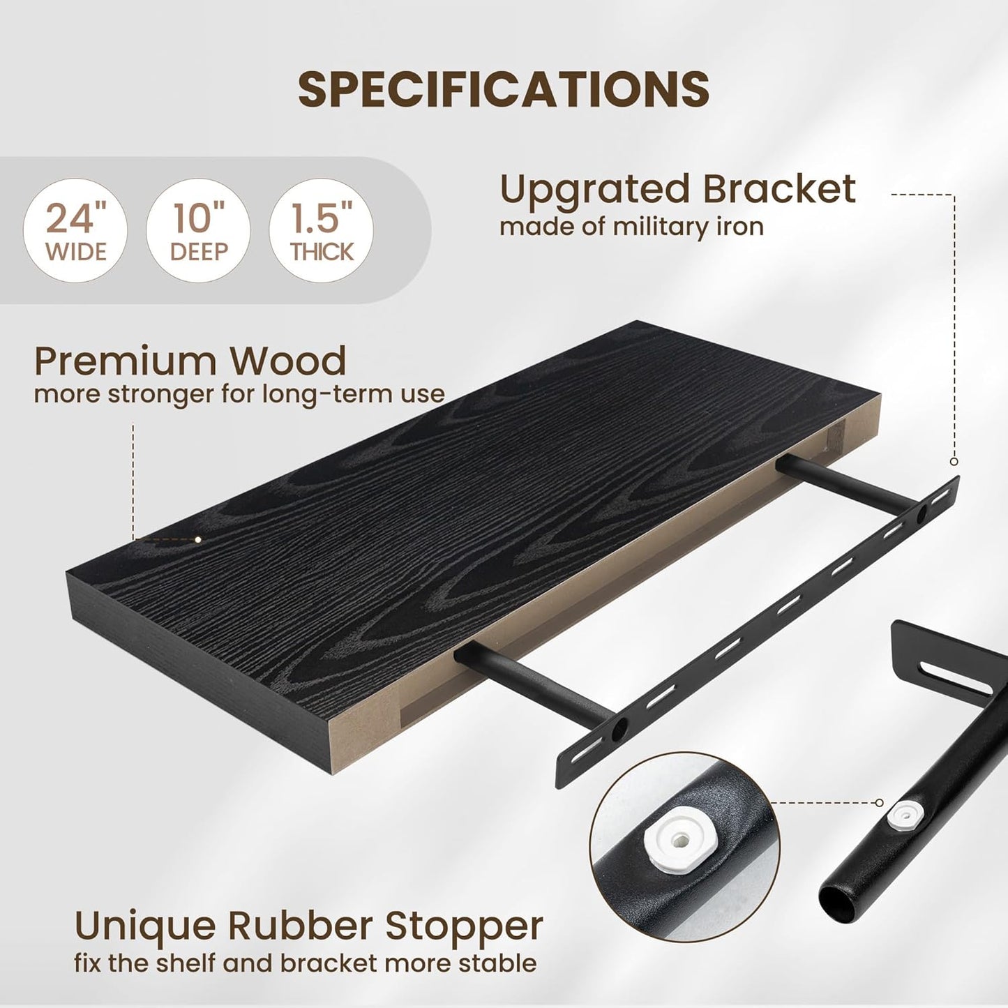 Fun Memories 24 Inch Floating Shelves Wall Mounted, 10 Inch Deep Wall Shelves, 24 x 10 Floating Shelf for Living Room Bathroom Bedroom, Black, Set of 2