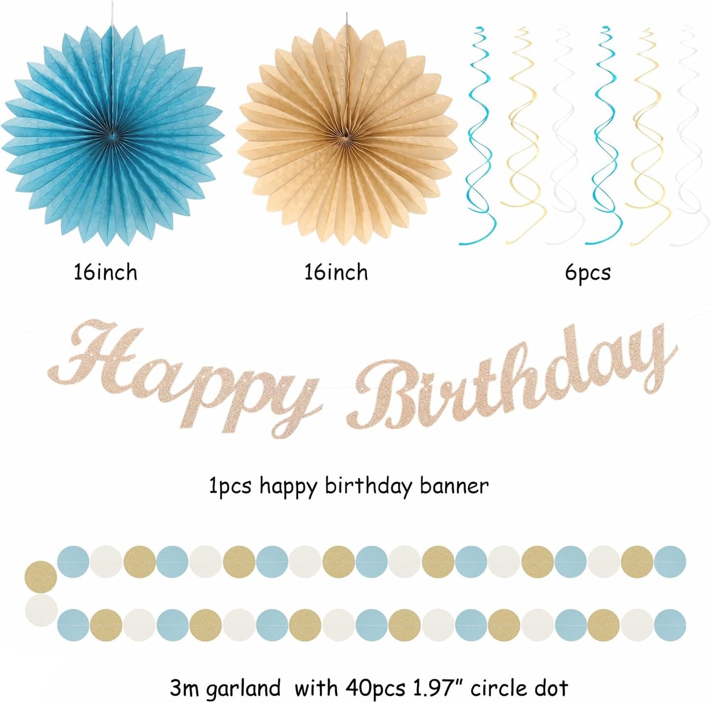 Light-Dusty Blue Beige-Champagne Women Birthday-Decorations - 21pcs Boho Neutral Happy Banner Garland,Paper Streamers Lanterns,Flower Tissue Pom Poms Fan Supplies,Wall Backdrop Party Decor Huglony