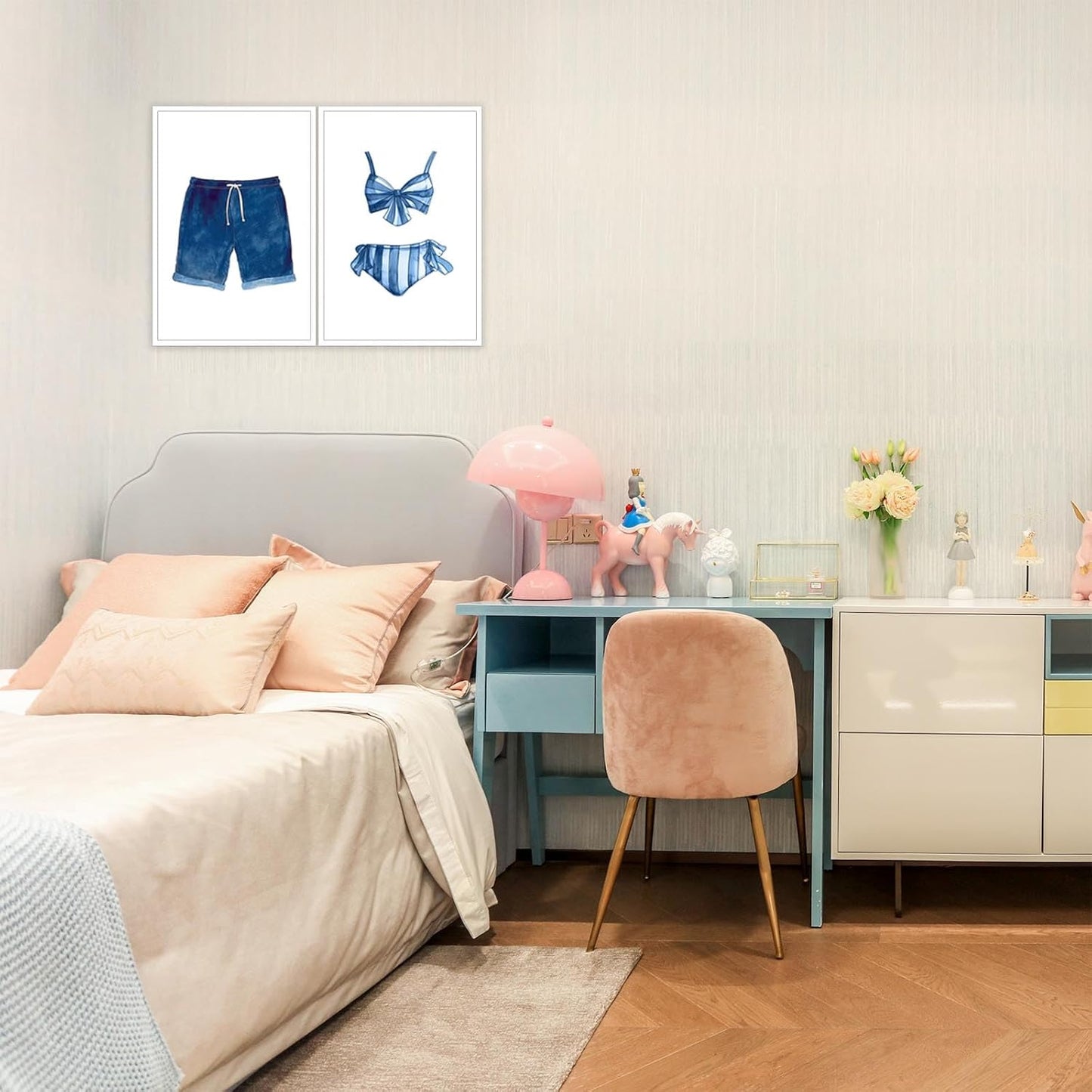 Liyark Set of 2 Retro Navy Blue And White Swimsuit Art Posters Beach Bathing Suit Prints Painting Beach House Wall Art Coastal Wall Decor Pictures For Bathroom Home Decoration 16x24in Unframed