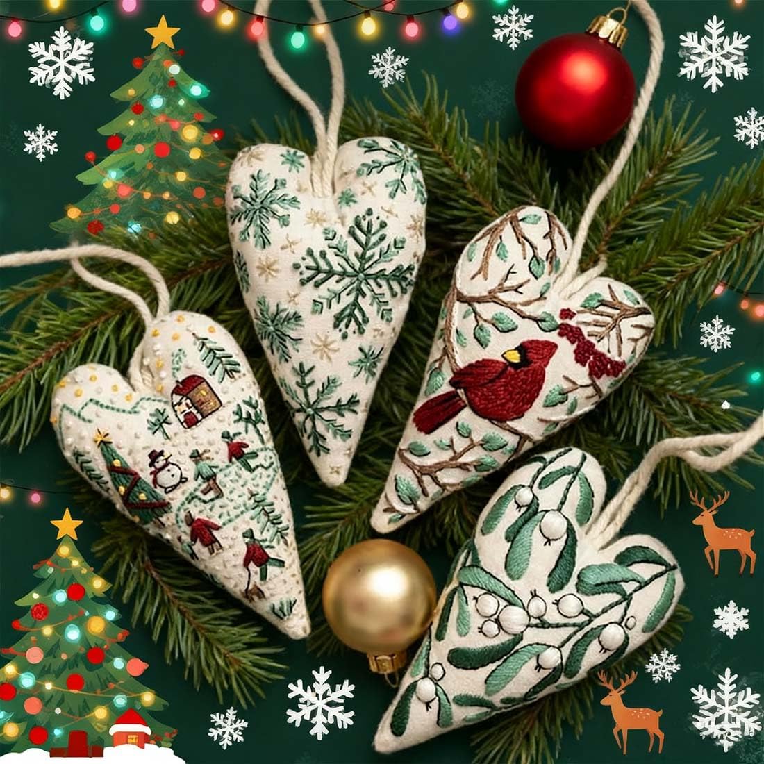 Christmas Ornament Embroidery Kit, DIY & Finished Heart Shaped Hand Embroidered Christmas Ornament/Ornament Kit, Beginner Friendly Cross Stitch Craft Set with Needles Thread (Finished)