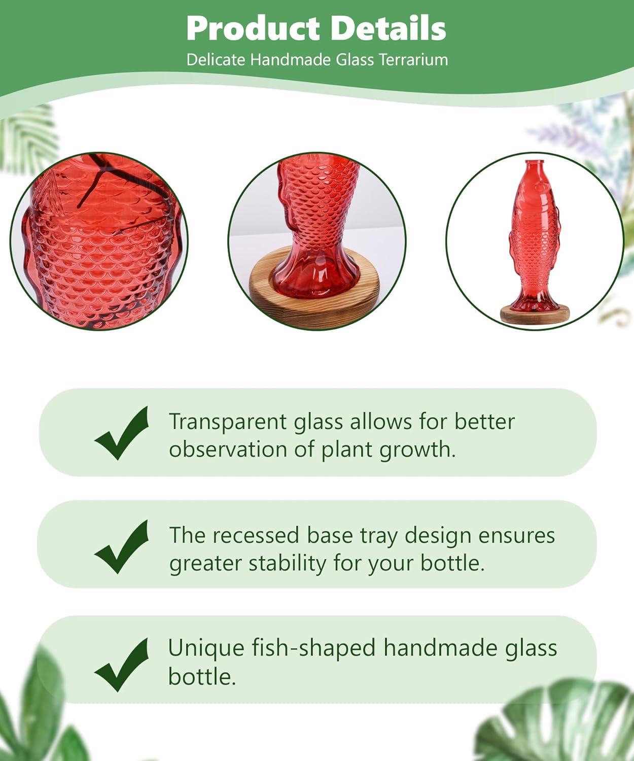 Nacome Fish Vase Glass Plant Terrarium with Wooden Stand,Planter Propagation Station for Home Office Hydroponics Desk Decoration,Unique Gardening Gifts for Plant Lovers Women Mom(Red)