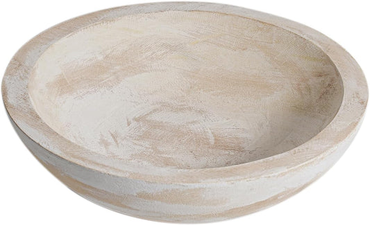 Hand Carved Wooden Decorative Bowl for Home Entryway Decor, Wood Centerpiece Bowl for Coffee Table Decor, Wood Dough Bowl for Farmhouse Decor (Whitewashed)
