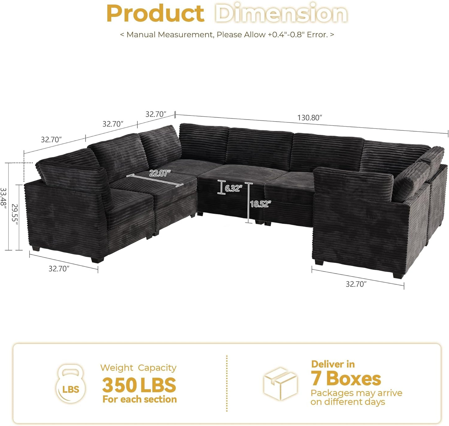 HOOOWOOO Modular Sectional Sofa,7 Pieces Sectional Couches for Living Room,131X98 U Shaped Cloud Couch Set(Black Velvet Corduroy)