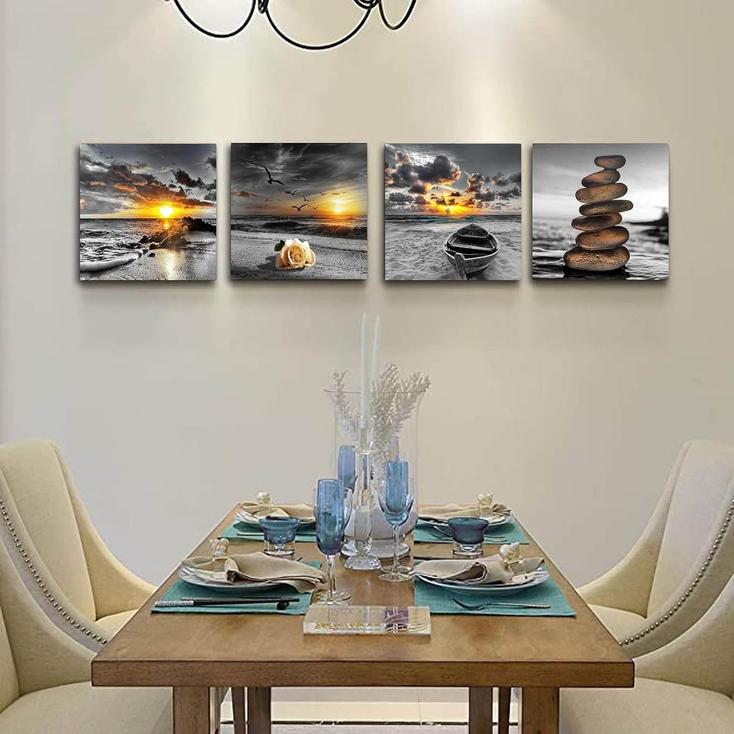 Yxbhhym Black and White Gold Beach Wall Art Ocean Canvas Seascape Prints Posters Zen Wall Decor Sea Sunrise Scenery Wall Pictures Coastal Paintings for bathroom Wall Art Framed -12"x12"inches x 4 pcs