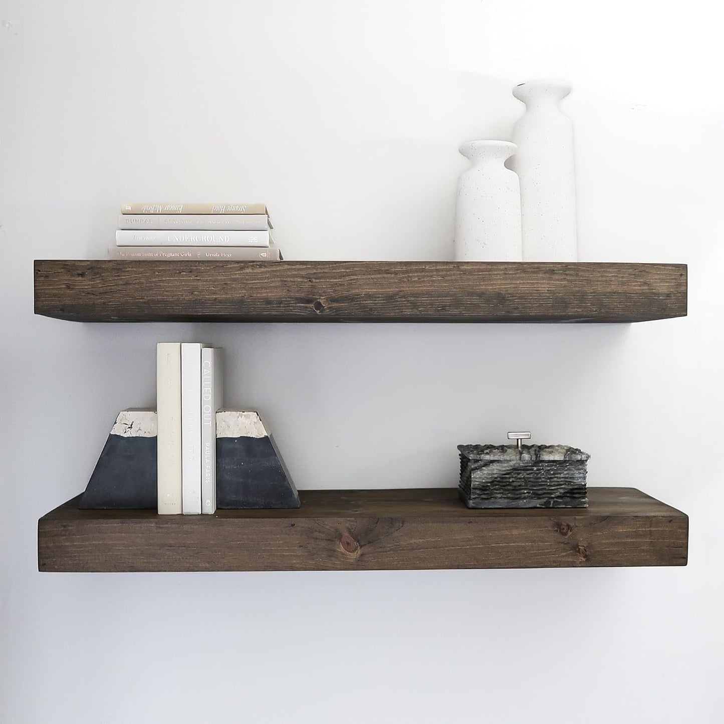 Modern Floating Shelves 3 Inches Thick for Wall, Wide Shelves for Kitchen, Living Room, Bedroom, and Bathroom, Natural Pine Wood, Rustic Wooden Shelf, (Set of 2) (Jacobean, 48Lx3Hx6D)