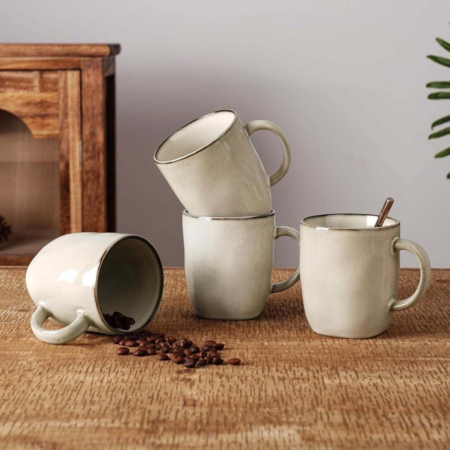 famiware Coffee Mugs Set of 4, Ocean Square 13oz Coffee Cup Set with Handle for Cocoa, Milk, Hot Chocolate, Tea, Water, Stoneware Cups for Kitchen, Microwave and Dishwasher Safe, Light khaki