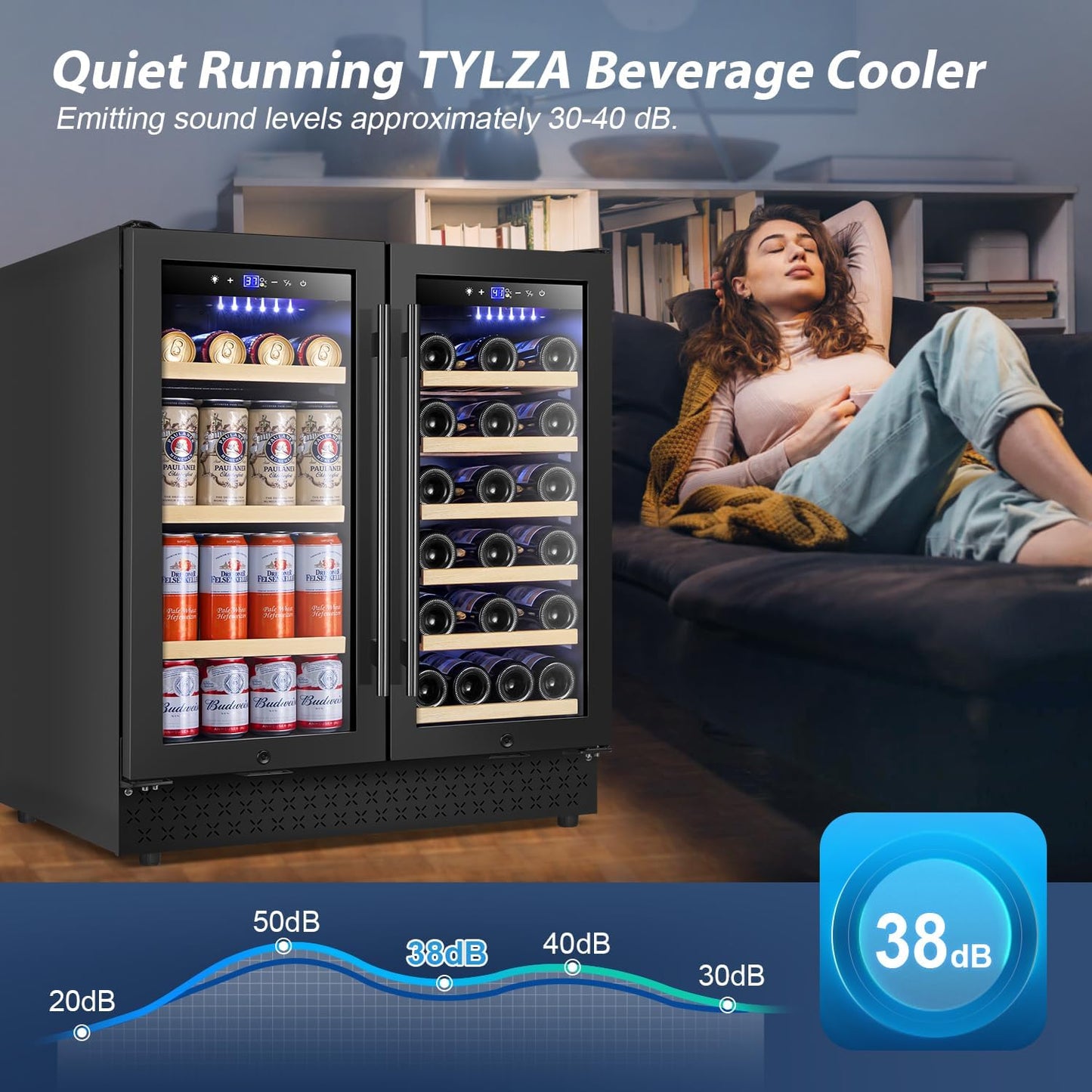Tylza 30 Inch Wine and Beverage Refrigerator, Dual Zone Wine Beverage Cooler 30" with French Door, Under Counter Wine Beer Fridge Built-In or Freestanding, Holds 29 Bottles and 110 Cans, Black
