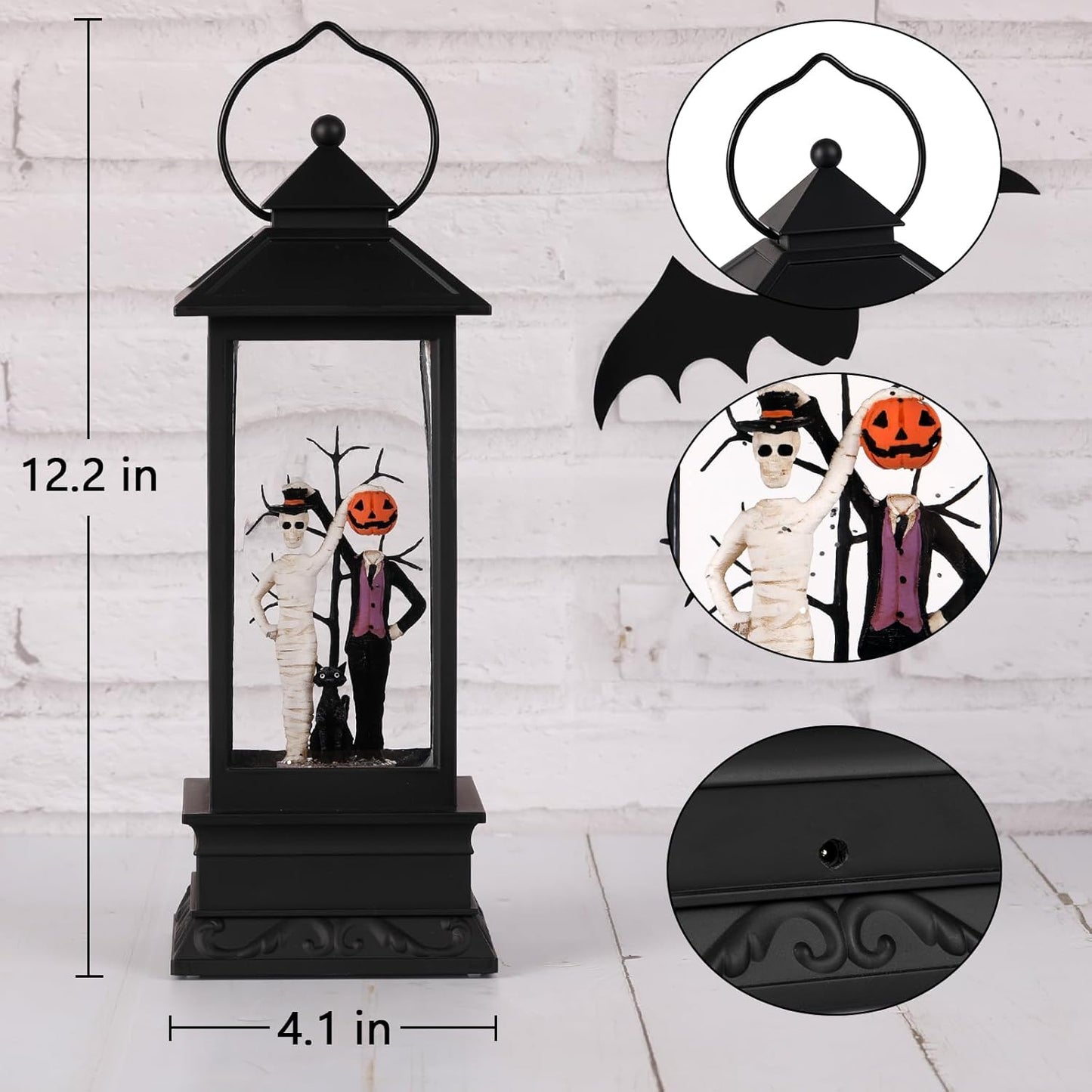 Halloween Snow Globes, Skull and Black Cat Scene Snow Globes, Glittering Lantern with Timer, Snow Globe Lantern USB or Battery Powered for Halloween Decor