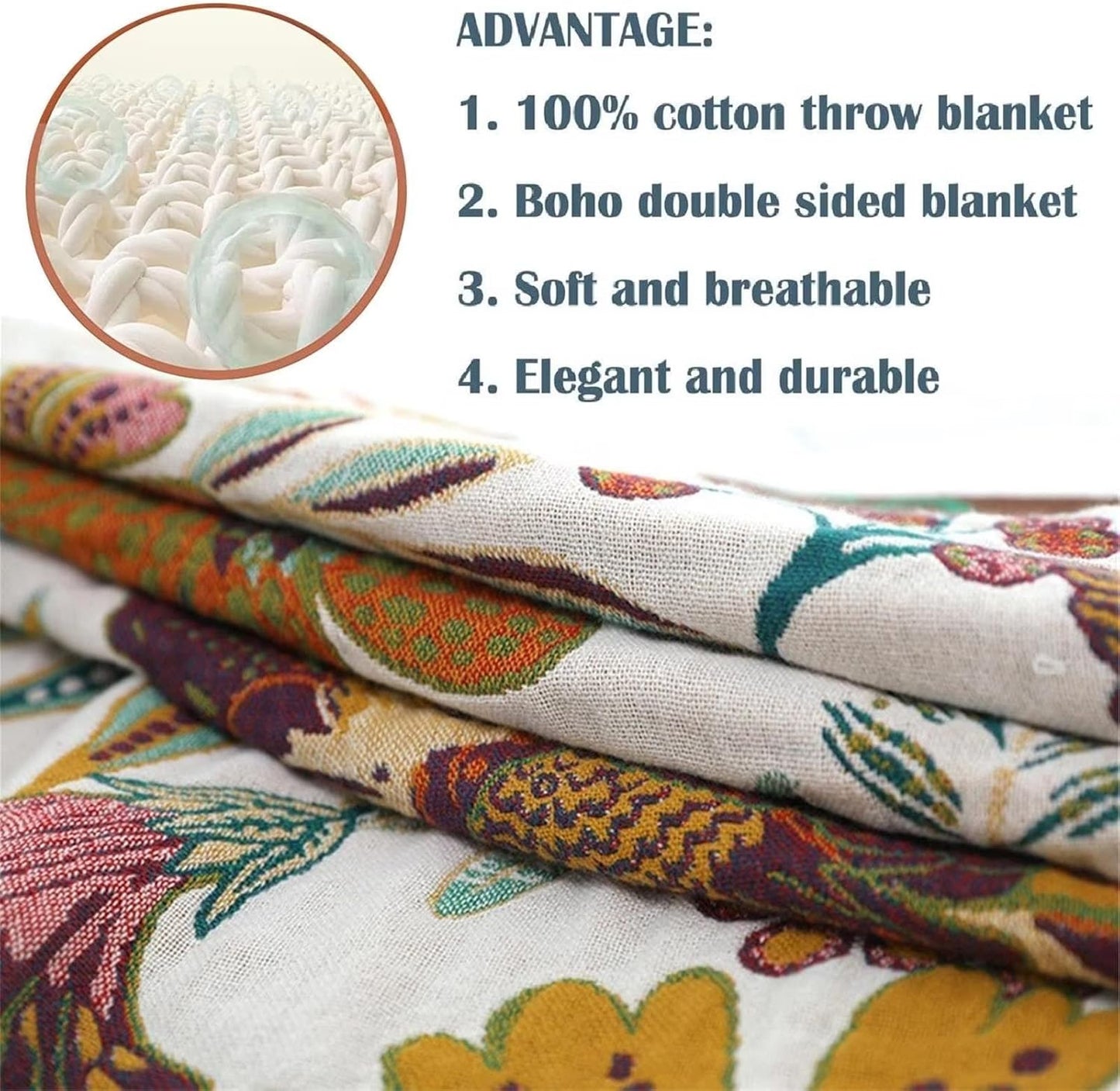 MSGKV 100% Cotton Boho Throw Blanket Woven Blankets, Reversible Versatile KnitWoven Blanket for Bed Couch Sofa, Super Soft Decorative Blanket for Chair Sofa and Living Room, 90''Wx 98''L