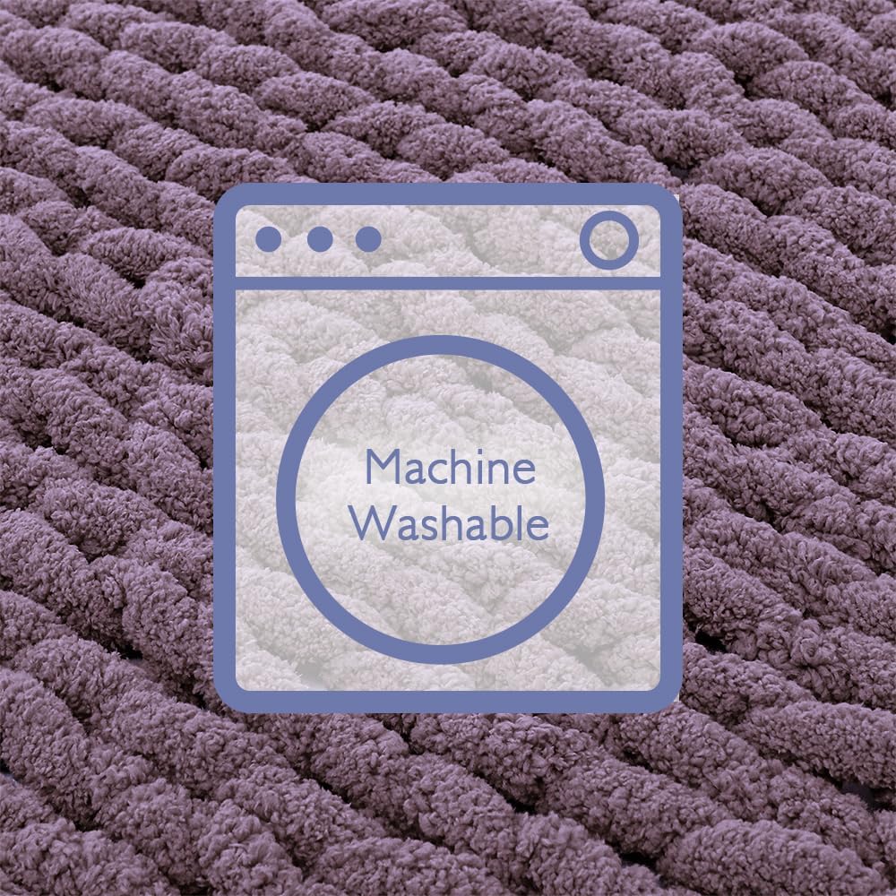 Bigacogo Chunky Knit Throw Blanket for Couch, 40x60 inches, 100% Hand Knitted with Thick Jumbo Chenille Yarn, Cozy Soft Large Rope Knot Cable Crochet Blankets for Sofa Bed Living Room, Winter Grape