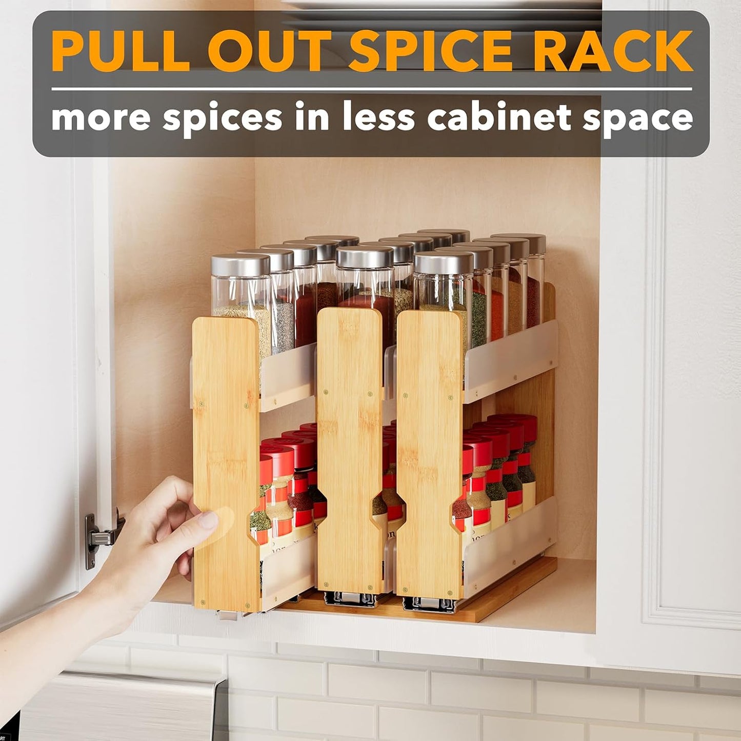 SpaceAid Bamboo Pull Out Spice Rack Organizer for Cabinet, Heavy Duty Slide Out Seasoning Kitchen Pantry Sliding Vertical Organization, 7.6" Wide, 3 Drawers(2" Wide), 2-Tier, Natural