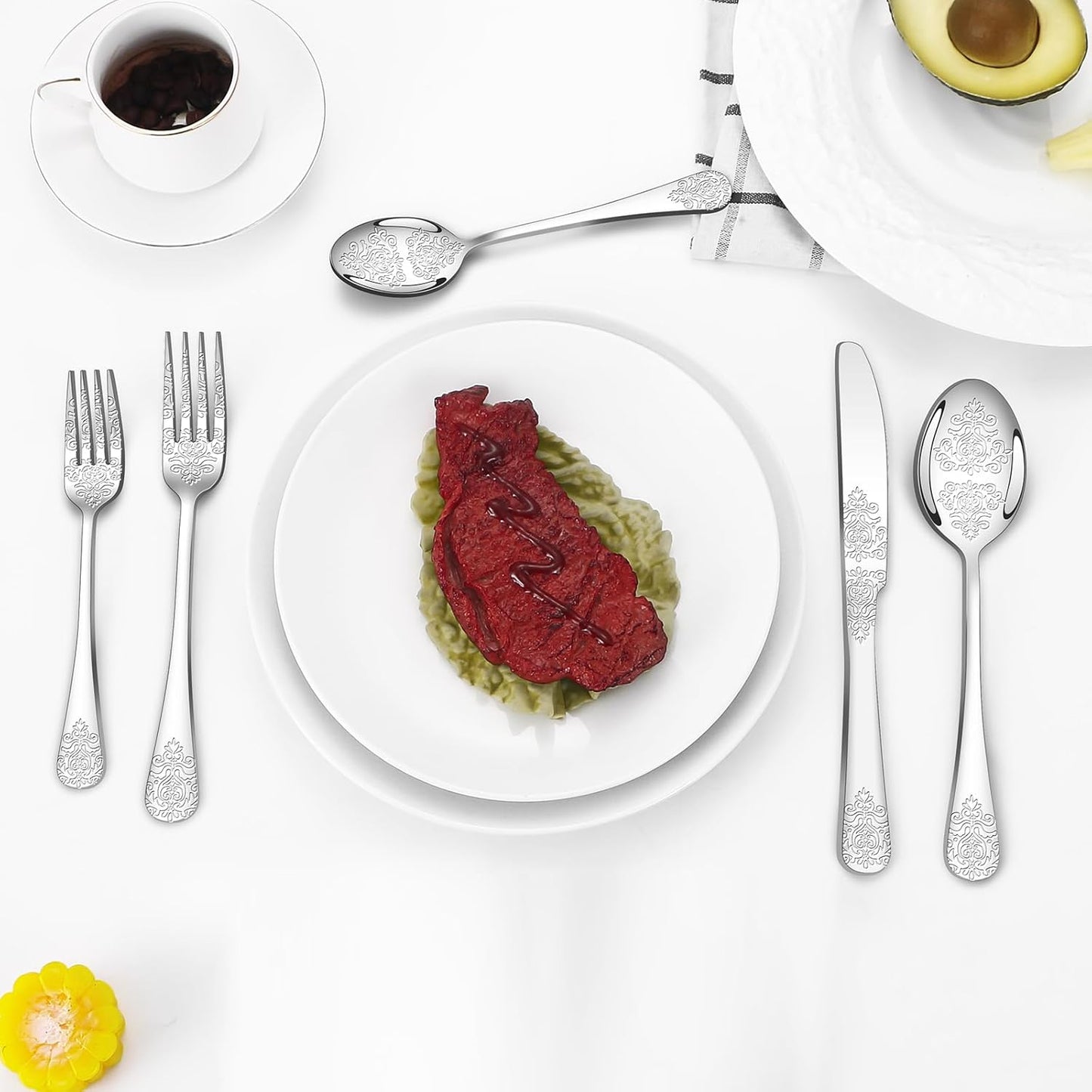 40 Pcs Silverware Set for 8 with Classical Flower Embossed Design, Food Grade Stainless Steel Flatware Set, Eating Utensils Sets Include Fork/Knife/Spoon, Reusable Cutlery Set, Dishwasher Safe