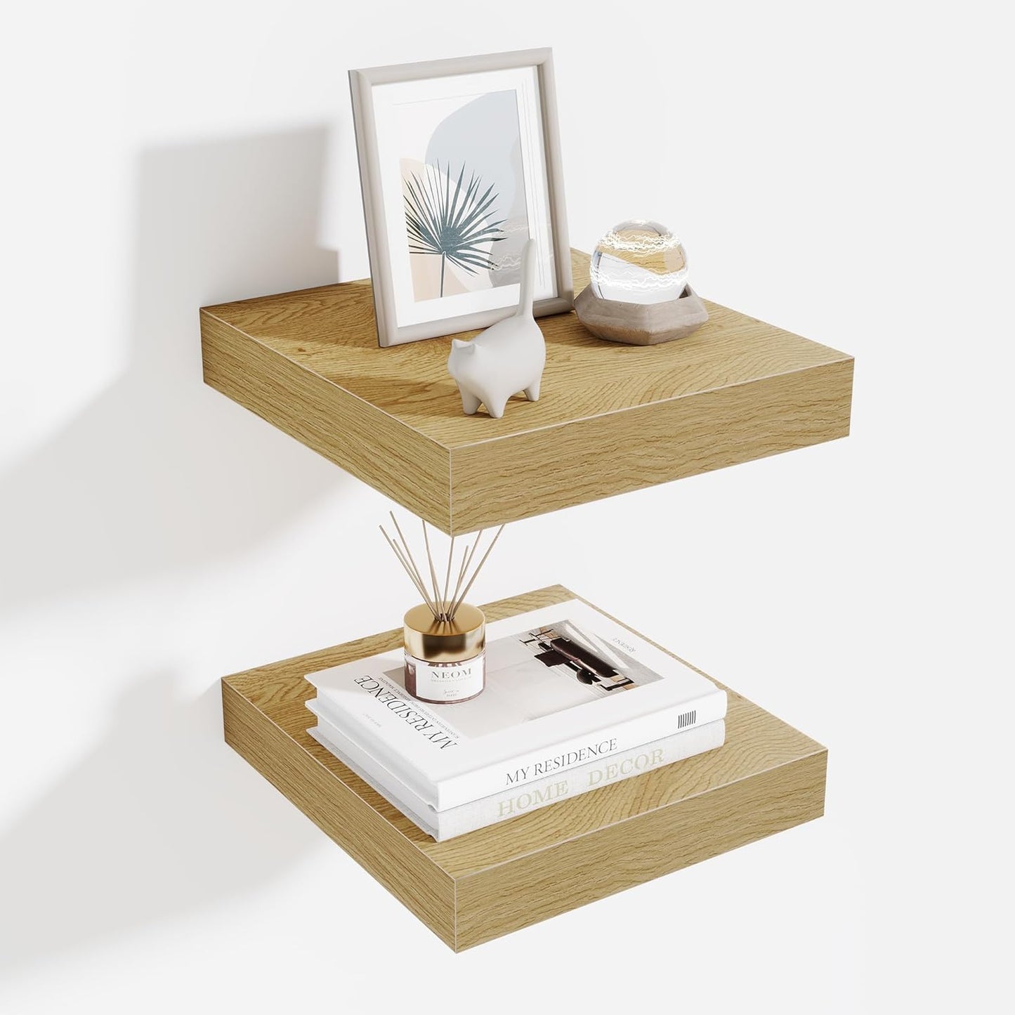 Fun Memories Floating Shelves for Wall - 10" x 10" Wood Shelf with Invisible Bracket - Deep Floating Shelves - 10 Inch Shelf Wall-Mounted for Living Room & Bathroom - Oak - Set of 2