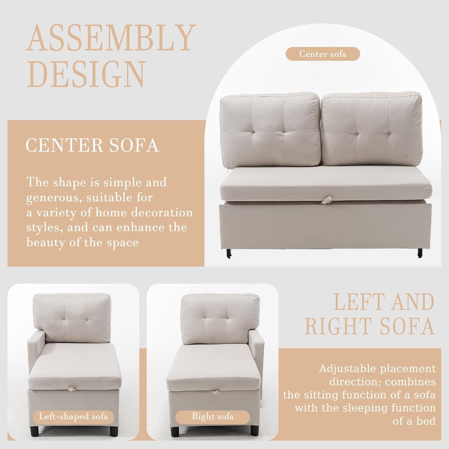 Pull Out Couch, Oversized Sleeper Sofa Couch, Sectional Sleeper Sofa Bed for Living Room Bedroom Lounge (Beige, 73 Inch)