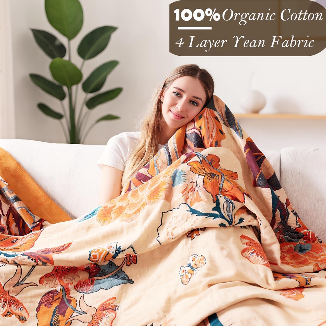 Boho Throw Blanket, 100% Organic Cotton Breathable Soft Lightweight All Season Rustic Bed Throw - Floral Bird Farmhouse Decor Blanket for Sofa Couch Chair Quilt and Gift. 60" x 80"