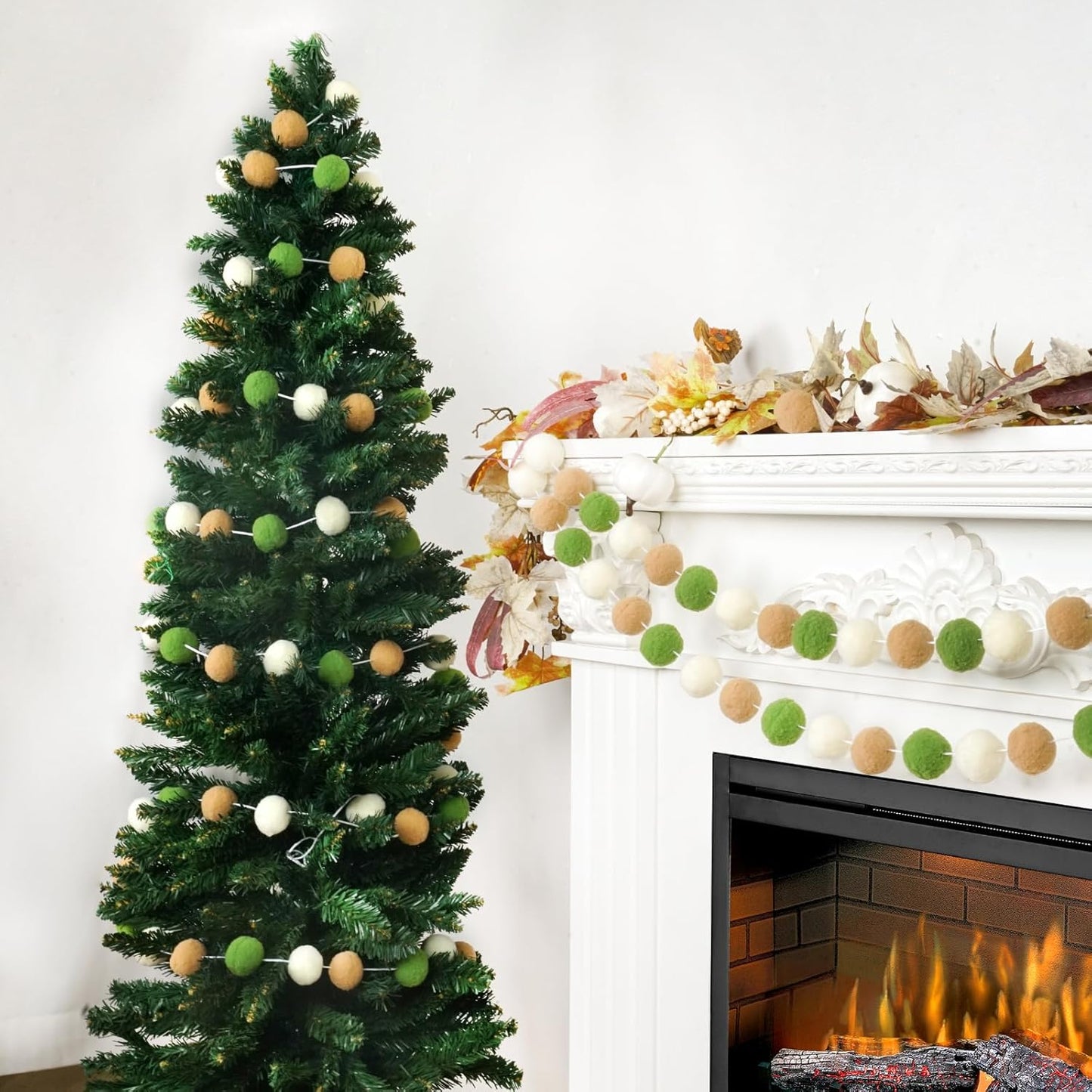 TBD Decor 2pk Pom Pom Garland 13FT Colorful Large Felt Ball Garland Fall Decoration for Mantle,Indoor Holiday Wedding Birthday Party Supplies(Green Brown)