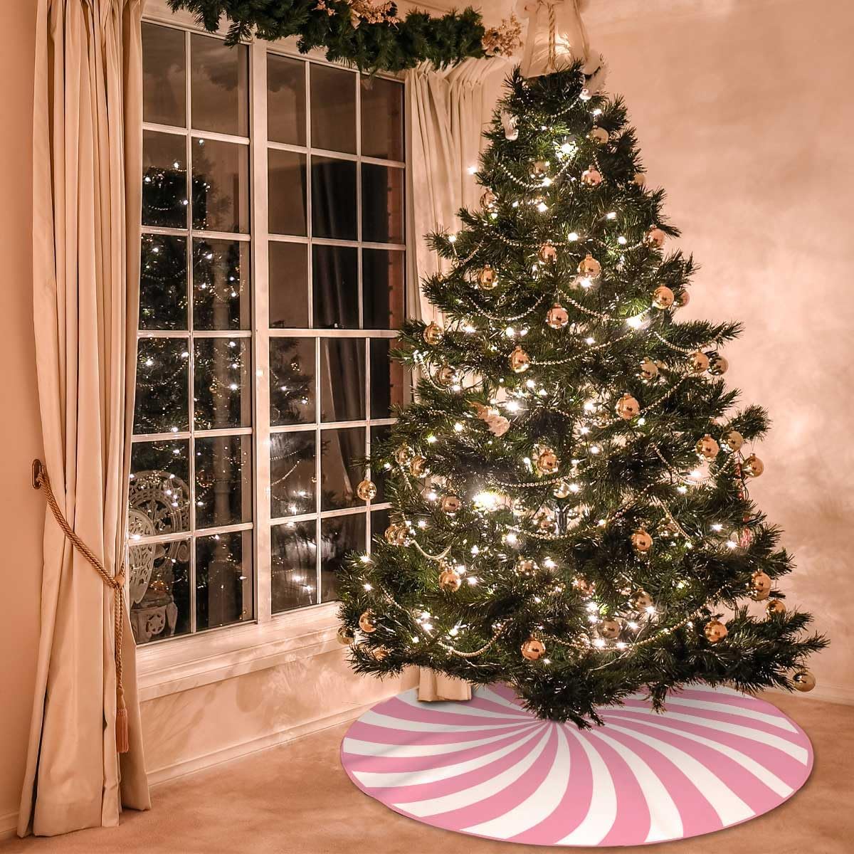 Swirl Stripe Christmas Tree Skirt 30 inches Sweet Candy Cane Pink Christmas Decorations Xmas Tree Mat Holiday Party Home Decorations (Pink, 30in)