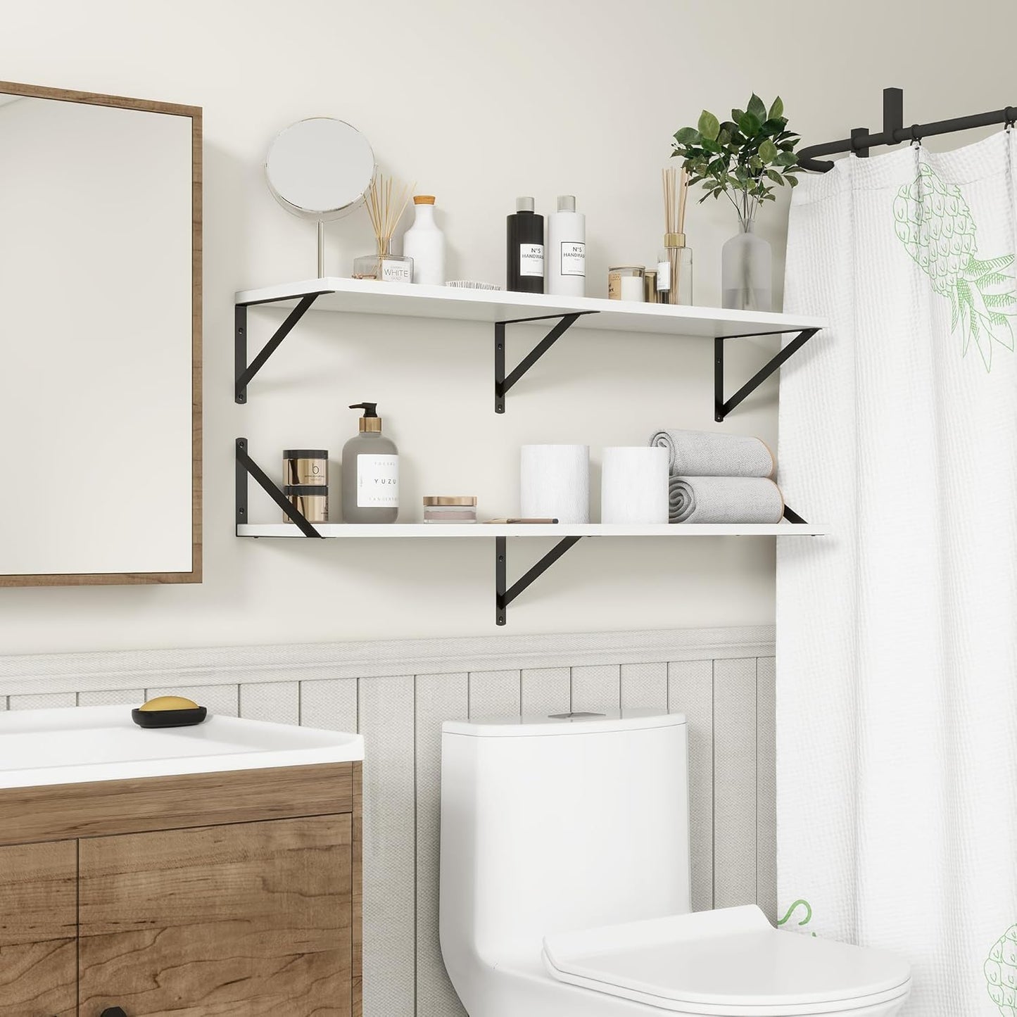 Fun Memories 40 Inch Floating Shelves, 10 Inch Deep Wall Shelf, 40 x 10 Floating Shelf Set of 2, White Wood Floating Shelf Wall Mounted, Large Kitchen Living Room Bedroom Storage Shelves