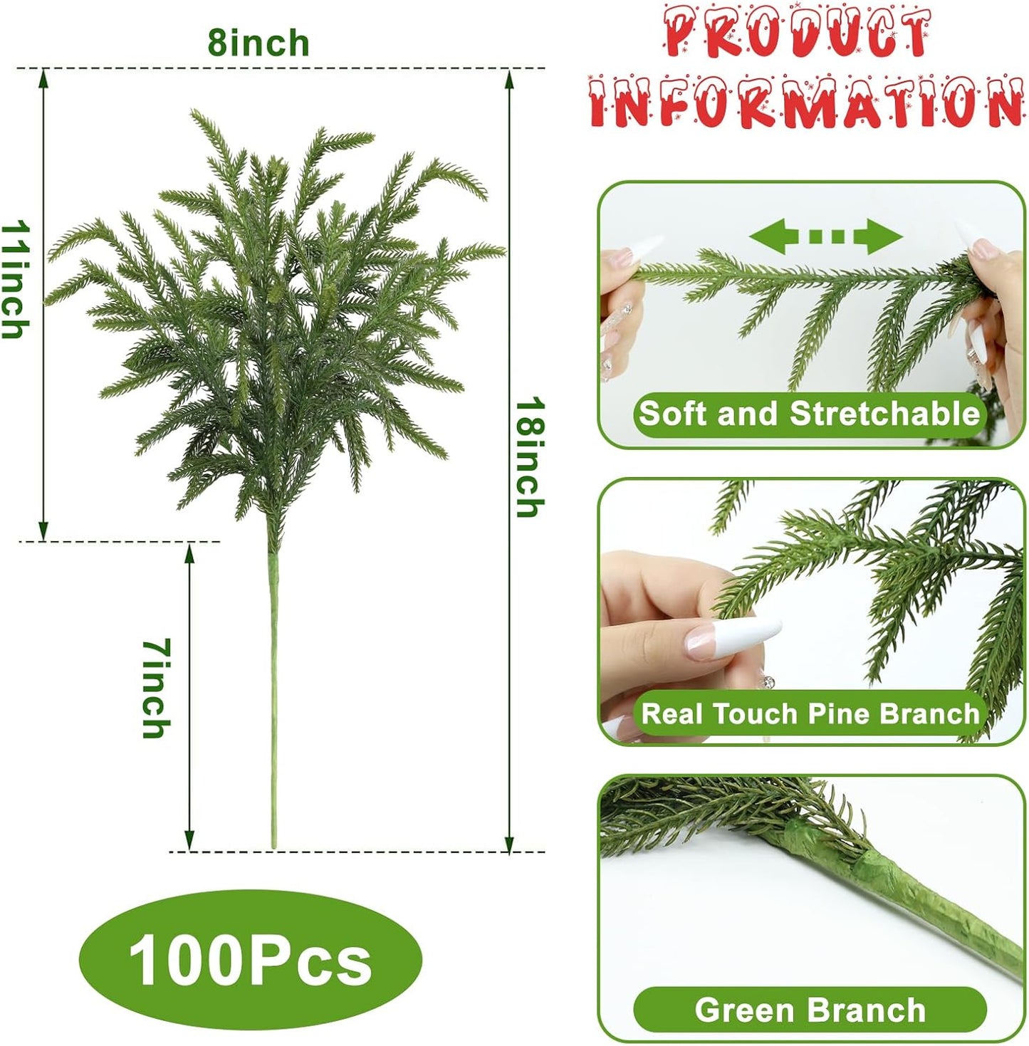 Artgar 100 Pcs Pine Branches - 18 Inch Artificial Green Pine Stem - Real Touch Christmas Greenery Pines Branches for DIY Flower Arrangement Home Indoor Christmas Decor