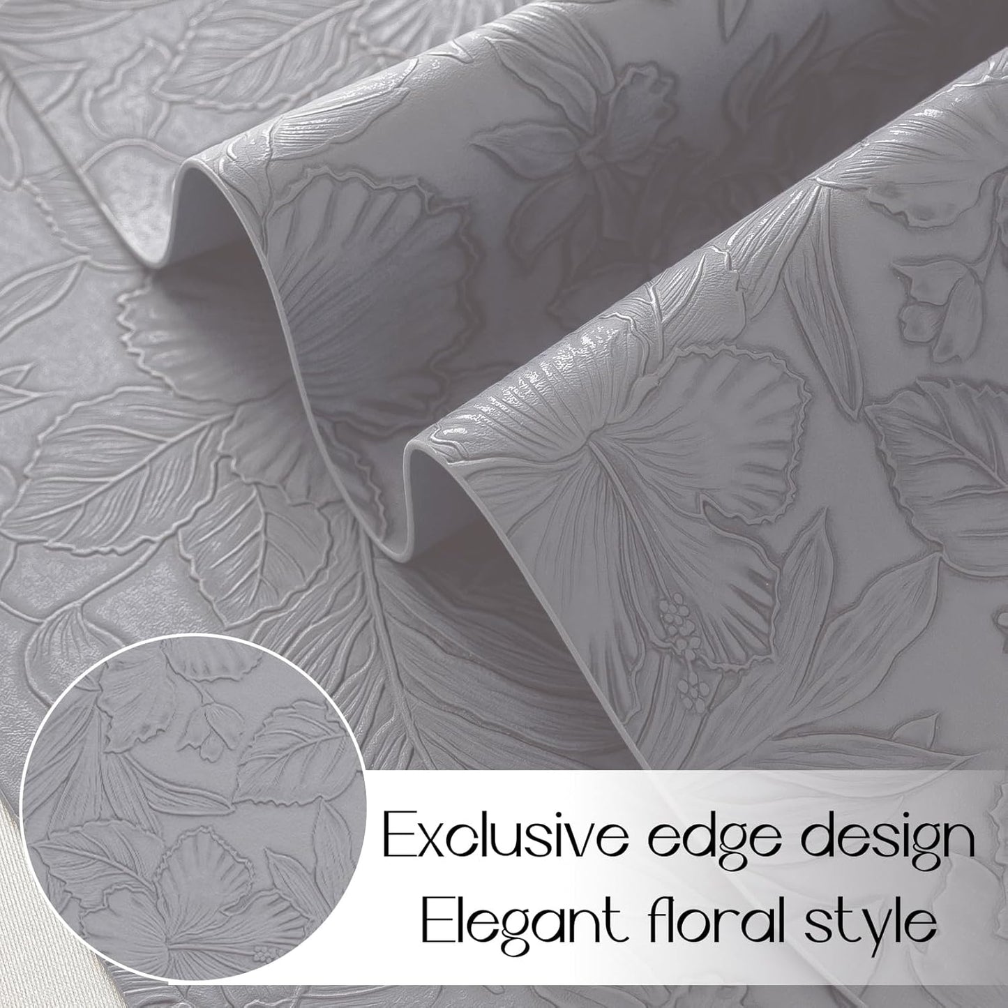 Romanstile Vinyl Placemats Set of 6-12 X 18 Inch - Heat Resistant Non-Slip Embossed Floral Place Mats 100% Waterproof Oilproof Wipeable Faux Leather Table Mats for Kitchen/Dining/Party, Grey