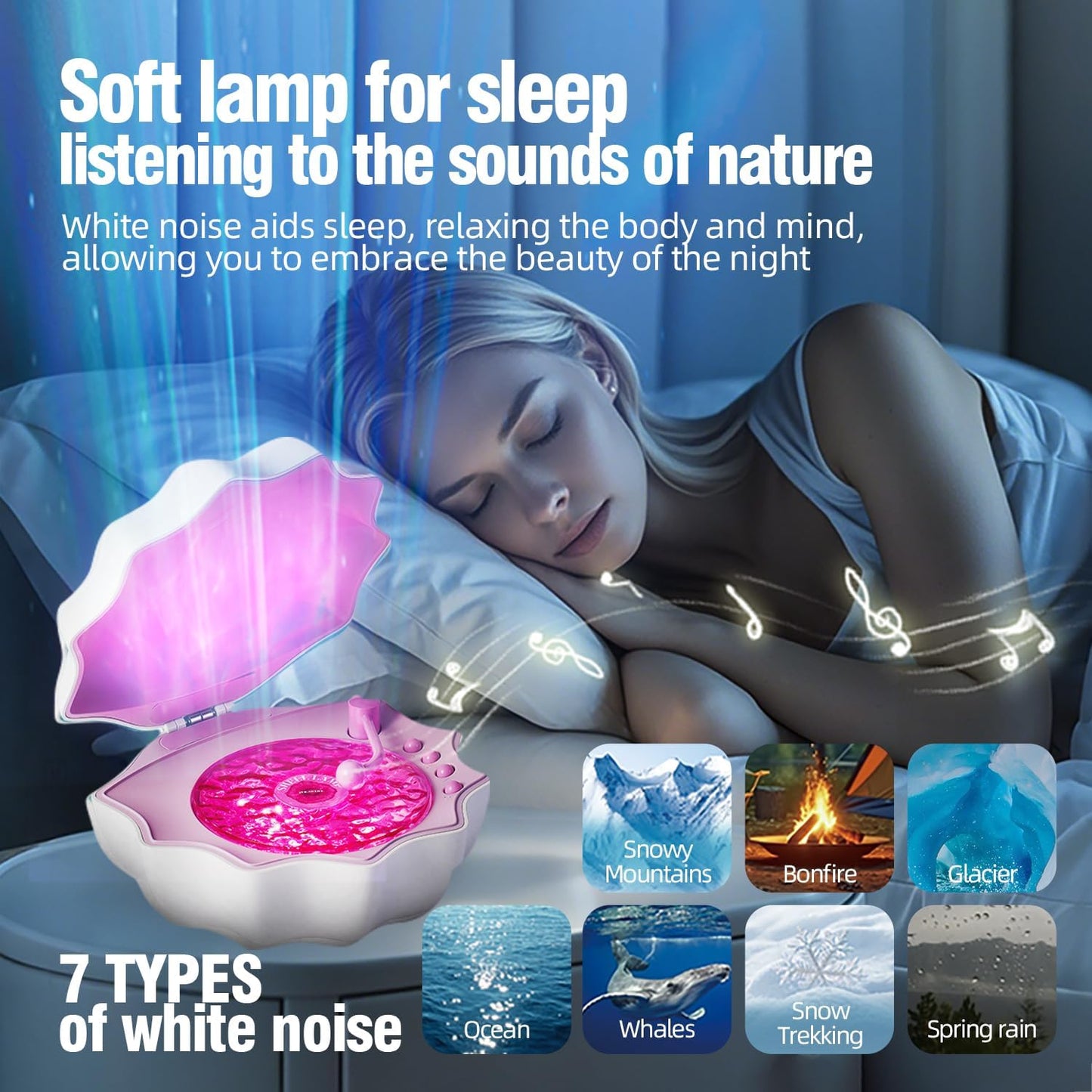 Northern Lights Projector, Night Light Projector for Bedroom Built-in Bluetooth Speaker, White Noise, Shell Night Light for Room Decor/Gift for Kids/Party/Music/Relaxation/Birthday (Purple)