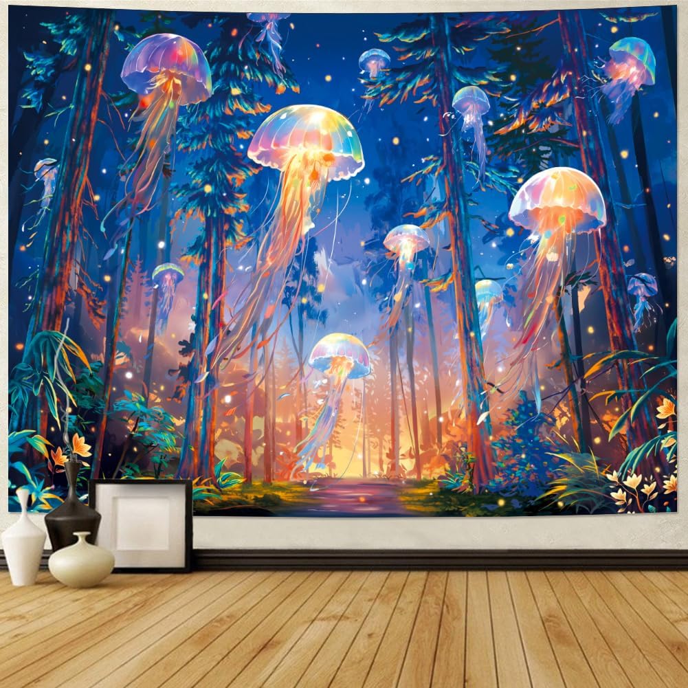 Racunbula Blacklight Forest Jellyfish Tapestry UV Reactive Nature Tree Tapestry Trippy Fantasy Starry Sky Tapestries Aesthetic Jungle Plants Tapestries Wall Hanging for Bedroom