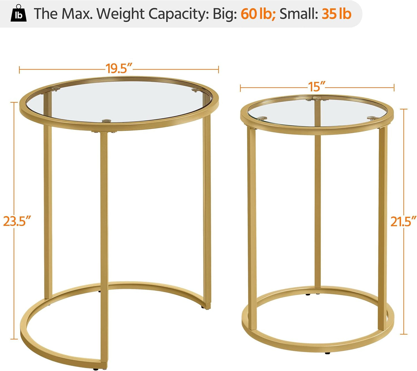 Yaheetech Round Nesting Side Table Stacking Coffee Table, Set of 2 Circular End Tables w/Metal Frame & Tempered Glass Top & Protective Foot Pads for Small Space Living Room Office, Mustard Gold