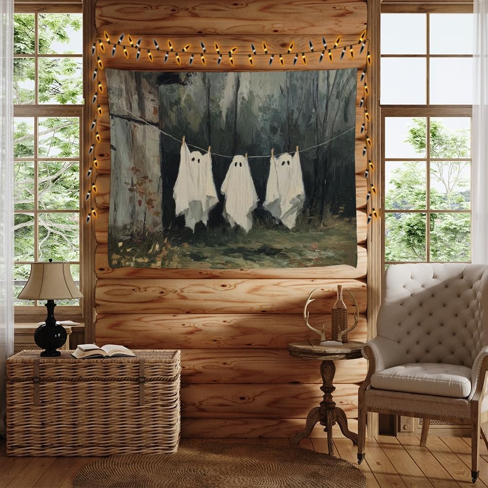 Vintage Halloween Tapestry Funny Ghosts on Clothesline Tapestry Wall Hanging Farmhouse Gothic Room Decor Spooky Ghost Prints for Dark Academia Halloween Party House Decoration Tapestries 50x60inch