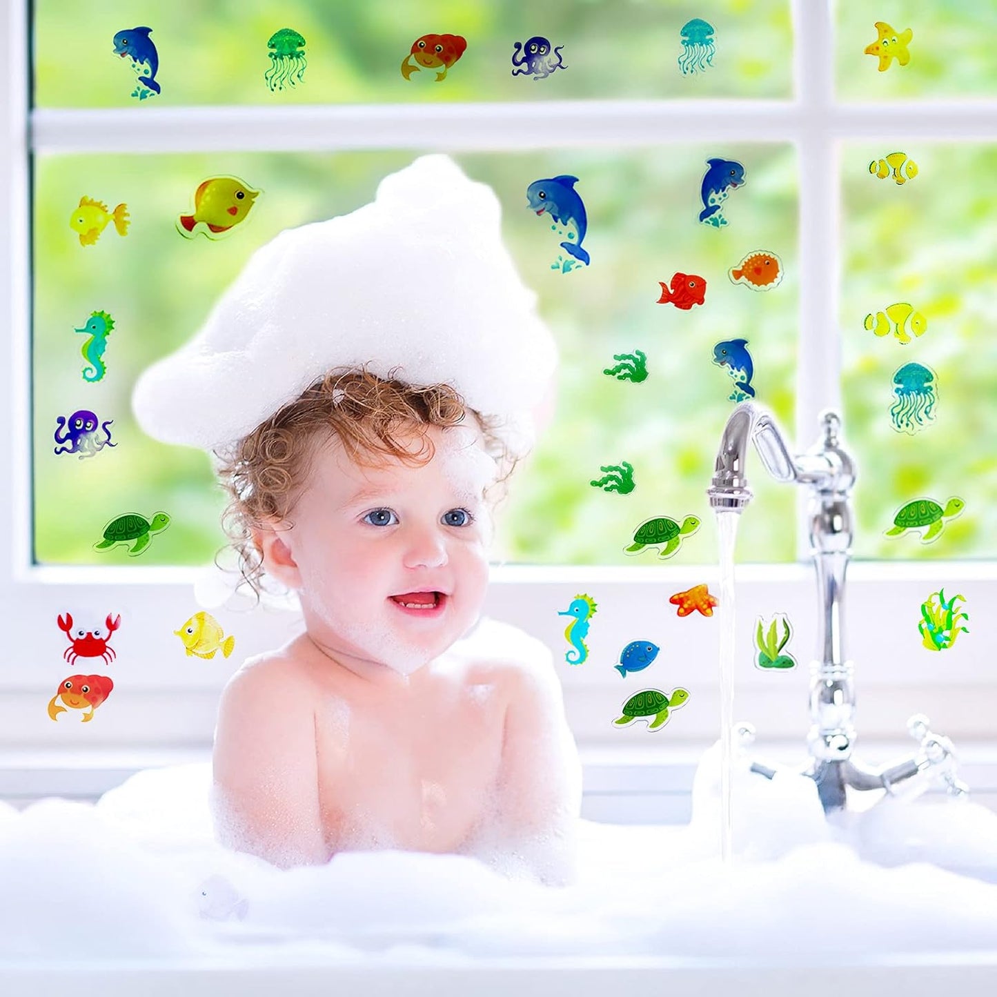 Tevxj Sea Animals 40pcs Thick Gel Clings, Multicolor Vinyl Decals for Kids, Reusable Window Stickers, Ocean Themed Party Supplies for Home, Car, Classroom, Nursery Decorations