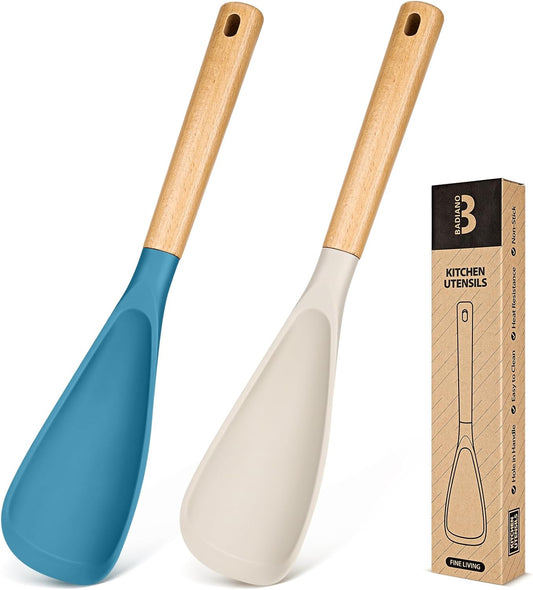 Cooking Spoon for Nonstick Cookwares, Great for Cooking and Serving Sturdy BPA-Free Matte Silicone, Wood Handle Spoon for Mixing, Scoop, and Scrape (Khaki & Turquoise, 13.4 inch)