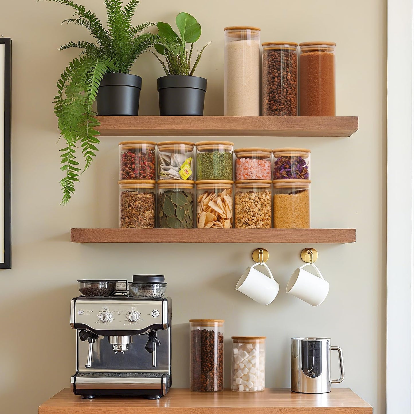 ComSaf Glass Food Storage Jars Set of 6, Tall Glass Storage Containers with Lids, Spaghetti Jar, Canisters Set for the kitchen, Pasta, Flour, Nuts, Oat, Coffee and Sugar Container, Pantry Organization