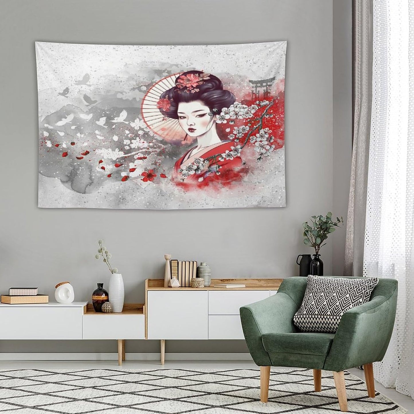 Japanese Geisha Tapestry Asian Red Cherry Blossom Traditional Kimono Folk Tapestries Home Decor for Living Room Bedroom Apartment Farmhouse Dorm 90"x60"