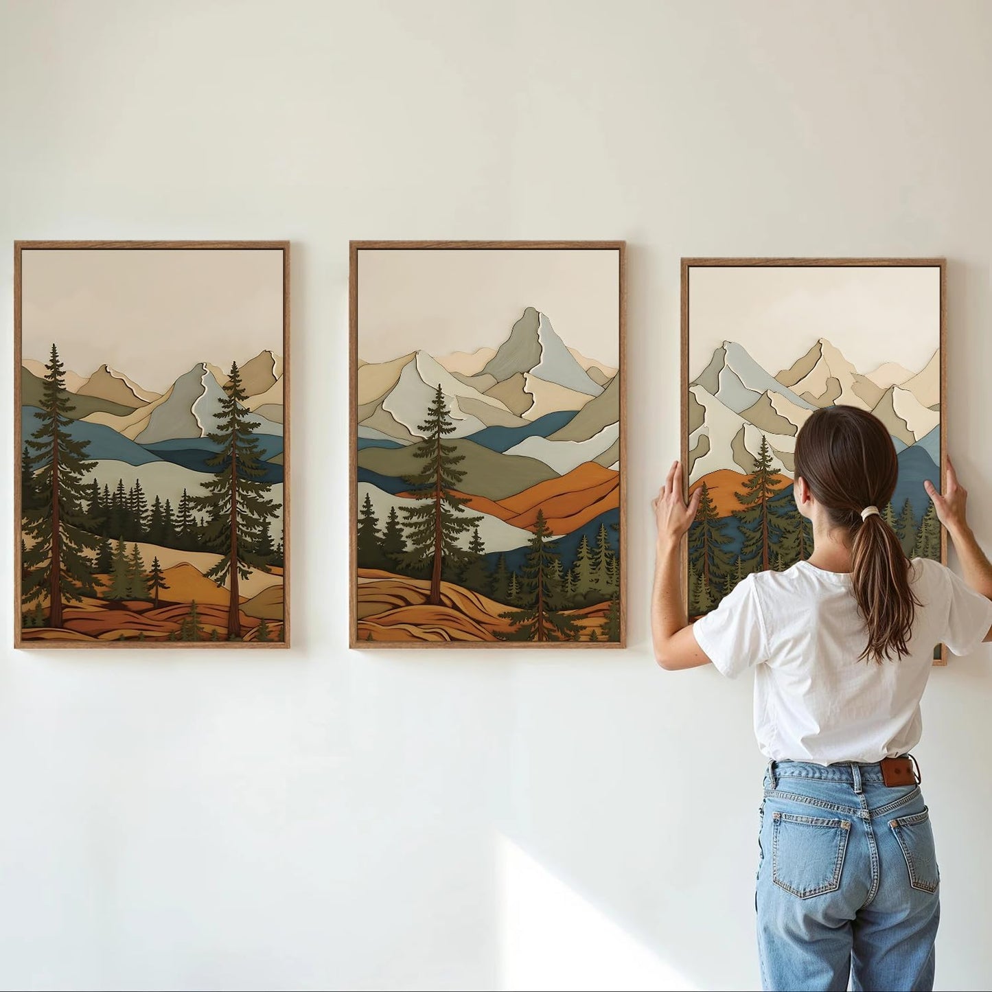 SIGNINART Vintage Mountains Framed Canvas Wall Art, Wooden Forest Wall Decor, Green Wood Pine Trees Wilderness Artwork, Metal Ridge Landscape Art Paintings for Living Room Bedroom Office 16"x24"x3