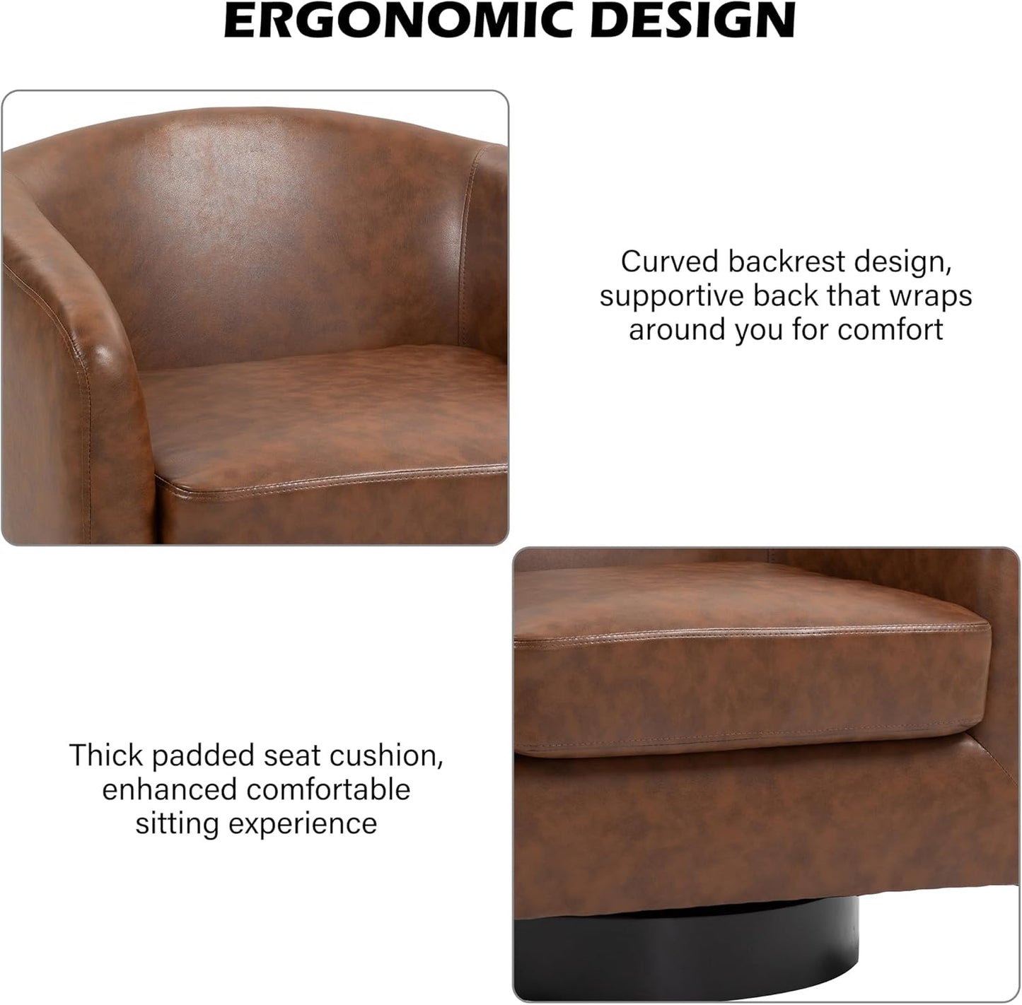 Swivel Barrel Accent Chair, Modern Round Faux Leather Arm Chair for Living Room, Bedroom, Comfy Club Reading Chairs for Adults(Faux Leather, Coffee, Set of 1)