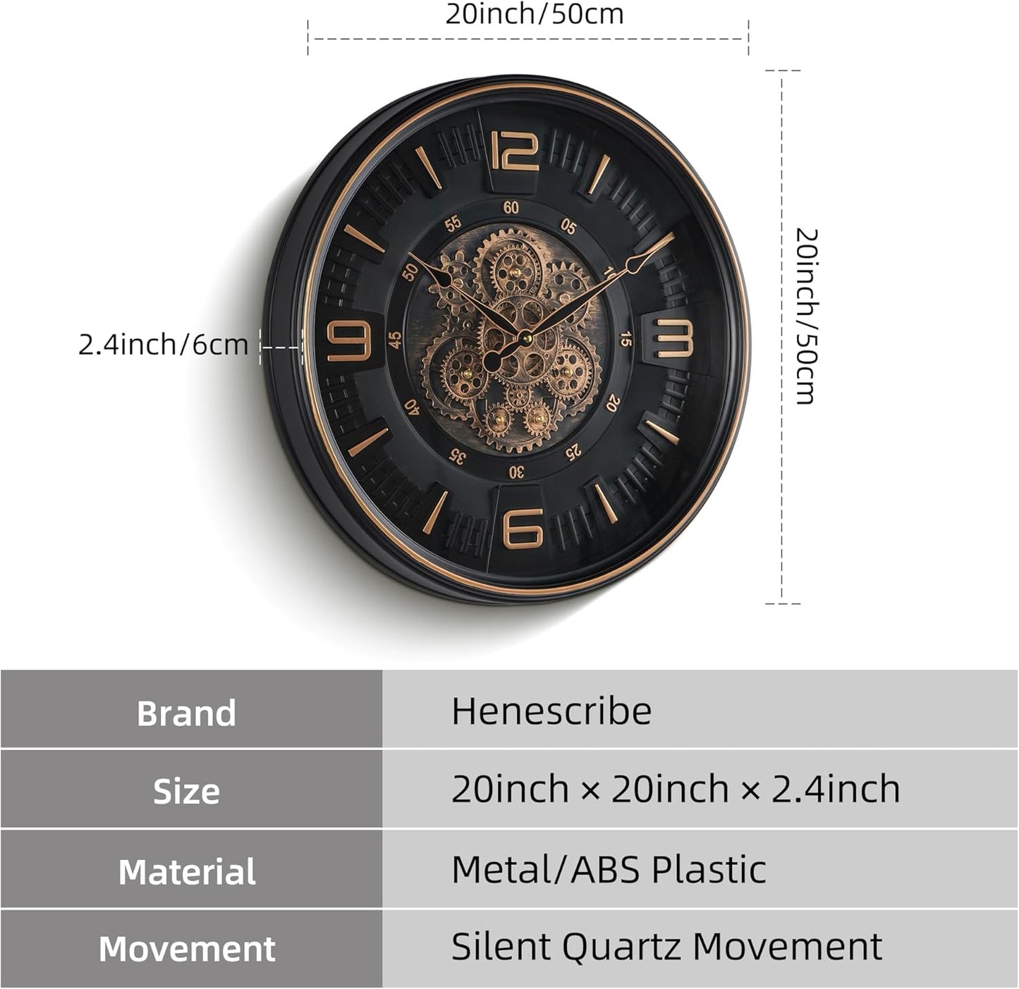 20in Large Real Moving Gears Wall Clock for Living Room, Battery Operated Wall Clocks Decorative Vintage, Home Office Clock, Gift for Family, Friends