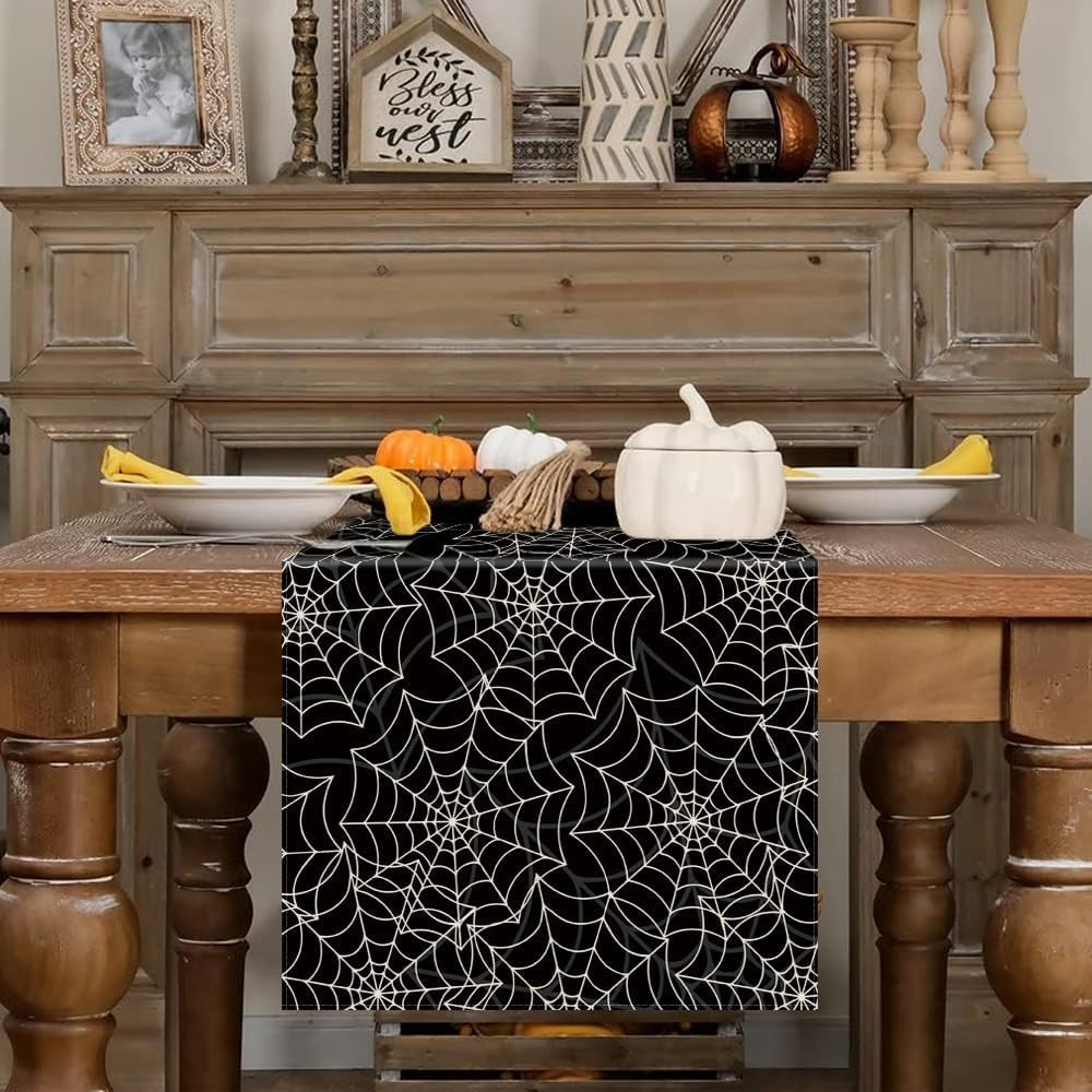 Halloween Table Runner Spider Web Black Linen Table Runners for Seasonal Holidays Indoor Outdoor Kitchen Dining Party Home Decor 13 x 48 Inch