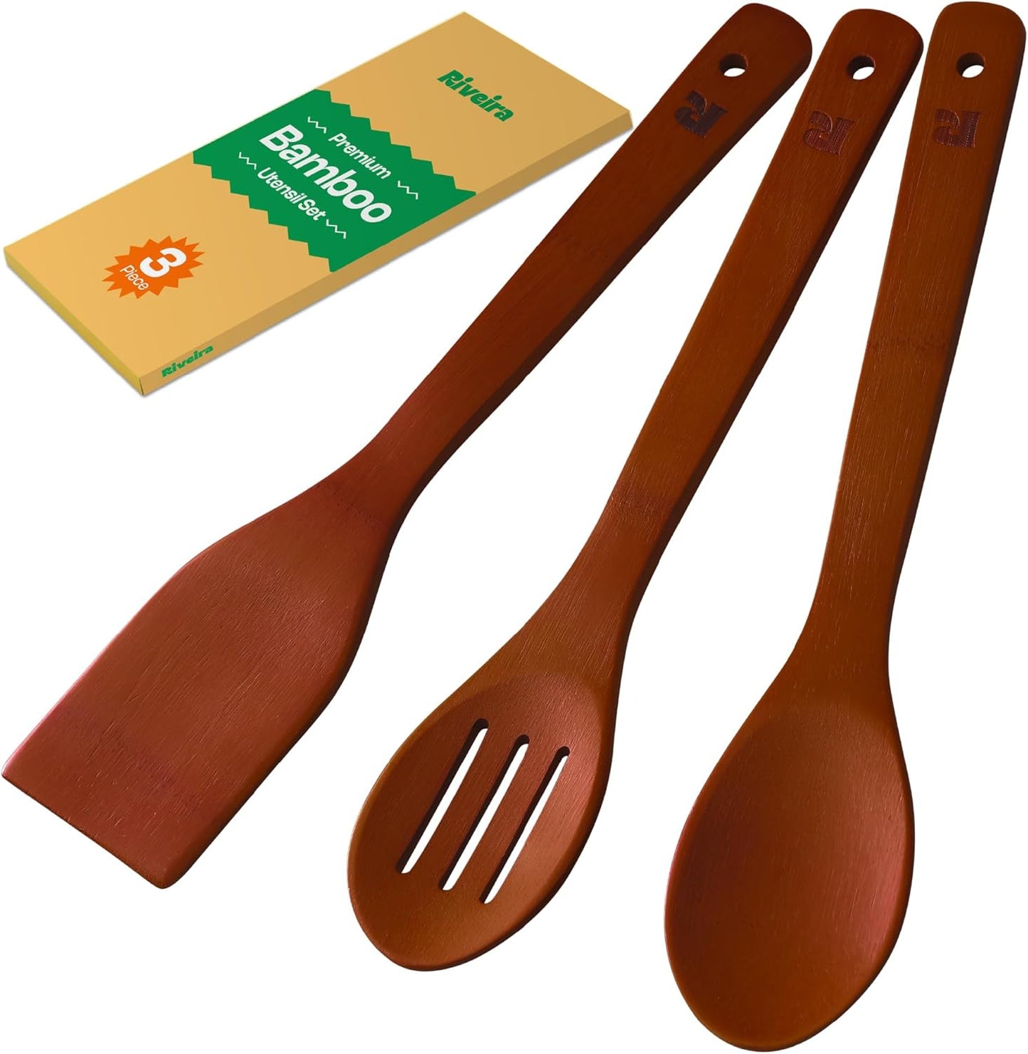 Riveira Premium Brown Bamboo Wooden Spoons for Cooking Set of 3 – Premium Brown Bamboo Wooden Cooking Utensils, Wooden Spatula, Wooden Spoon - Premium Quality Wooden Utensil Set for Non-Toxic Cooking
