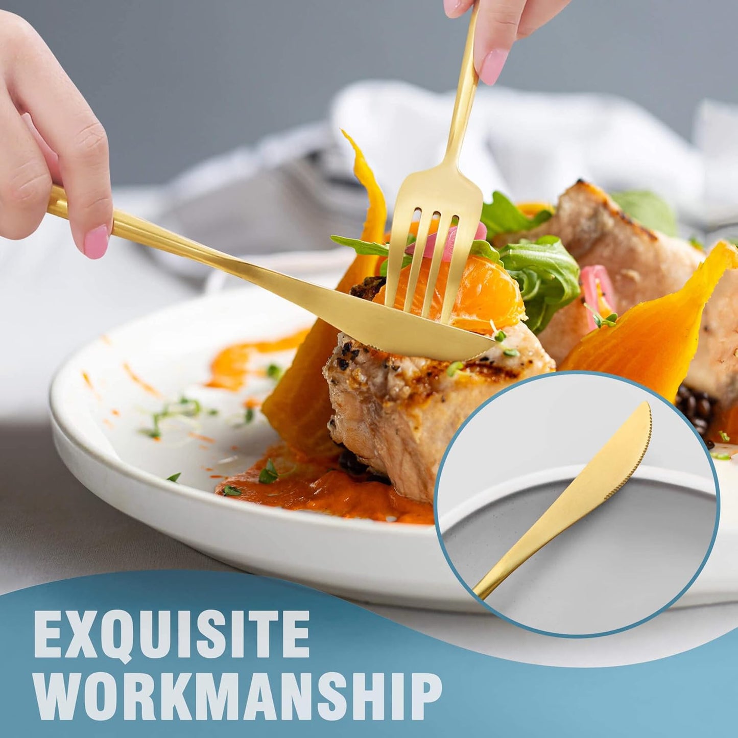 Matte Gold Silverware Set for 4,Modern Stainless Steel Brushed Cutlery Set,20-Pieces Heavy Duty Flatware Set,Knives Spoons and Forks Set Utensils Set, Satin Finish, Dishwasher Safe