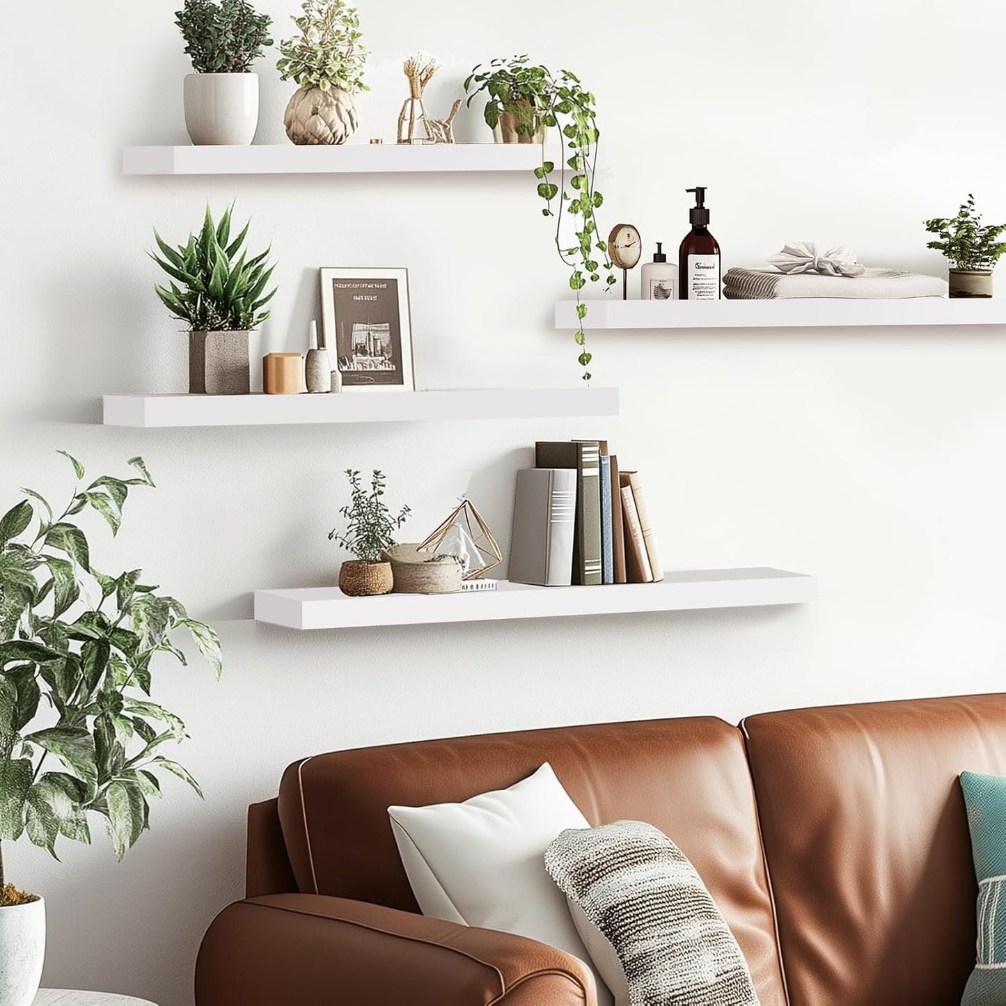 Floating Wall Shelves 4-Pack - Rustic White 16-inch Wooden Wall Shelves for Storage and Décor, Multi-Functional and Easy to Install for Living Room, Bedroom, and Kitchen