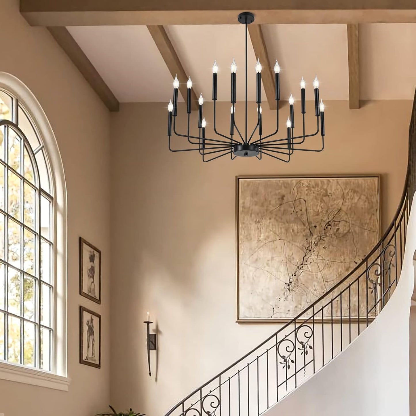 Modern Black Farmhouse Chandeliers, 16-Light Industrial Metal Chandelier Lighting, Classic Candle Hanging Pendant Light Fixtures for Kitchen Island, Living Room, Dining Room, Stair