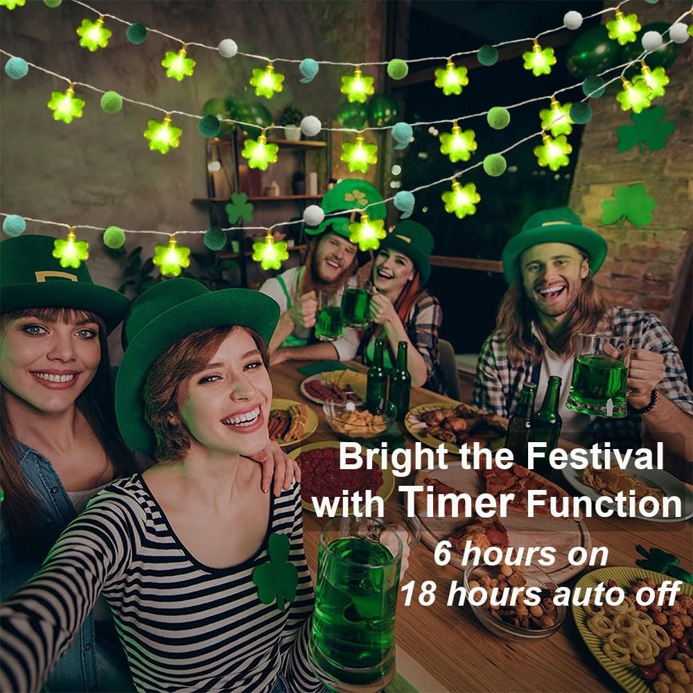 9.85Ft St Patricks Day Lights Garland 20 Pompoms 20 LEDs Green Lucky Clover Lights Shamrock String Lights with Timer for Indoor Bedroom Party Bar Garden St. Patrick's Day Decoration Green Irish Decor