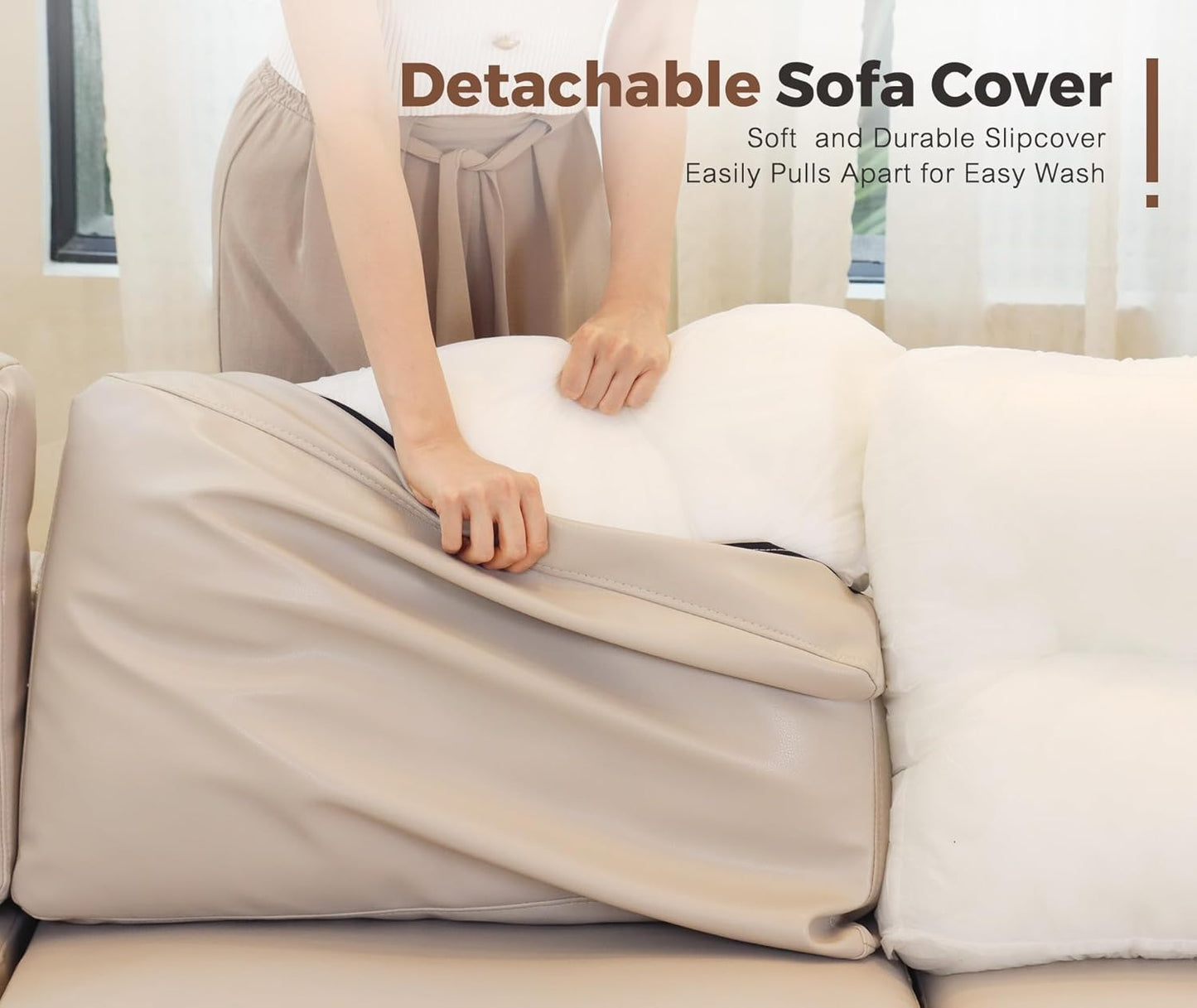 91.5" Faux Leather U Shaped Modular Sectional Sofa, 5 Seater Couch with Movable Ottoman Deep Seat and Storage Seat with Removable Cover for Living Room, Apartment - Whitesand