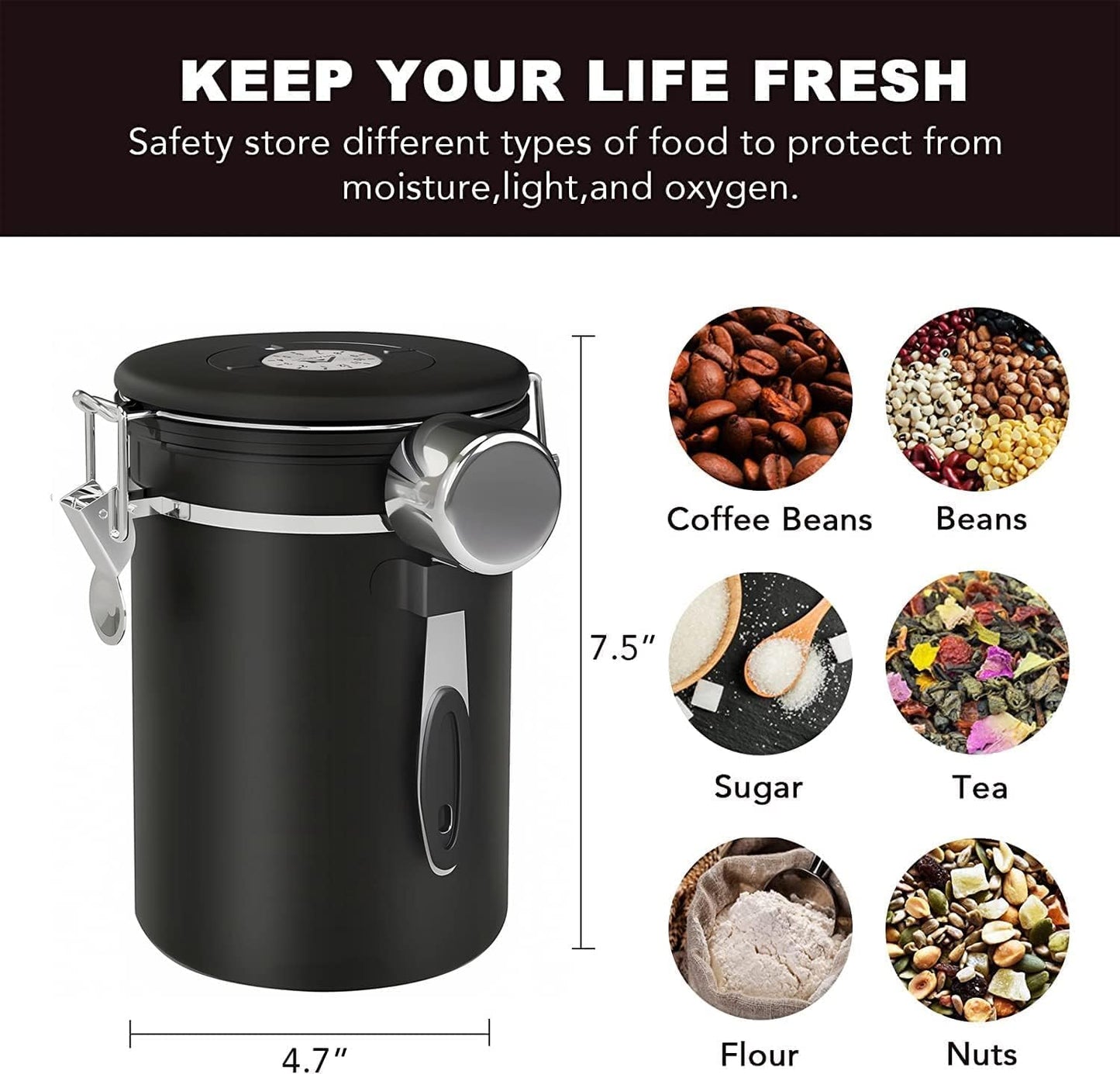 ShanSon Coffee Canister Airtight Coffee Container Stainless Steel Coffee Bean Storage Container with Scoop Coffee Canister for Beans Grounds Sugar Flour Tea Cereal,22OZ, Black