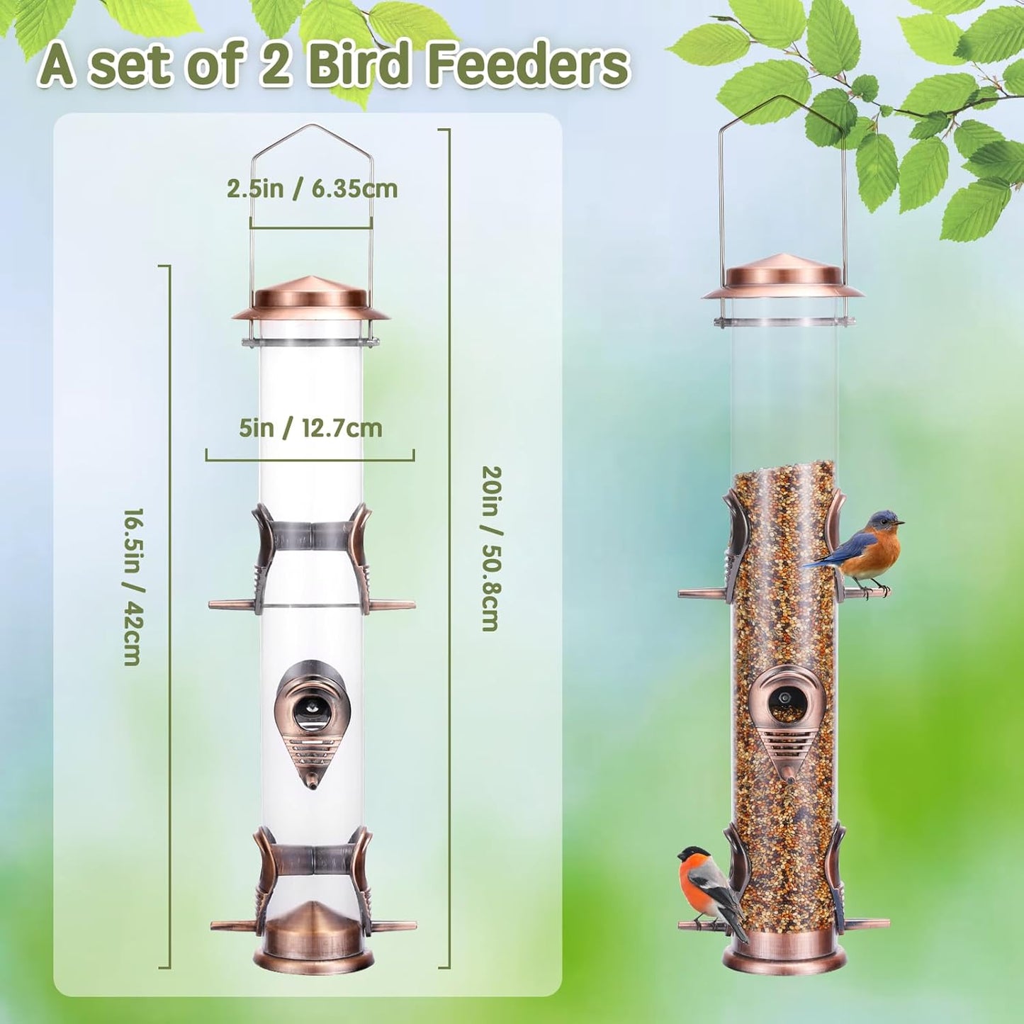 MIXXIDEA 2PK Metal Wild Bird Feeder Squirrel Proof for Outside Hanging - 6 Port Tube Transparent Finch Feeder With Steel Hanger (Antique Copper)