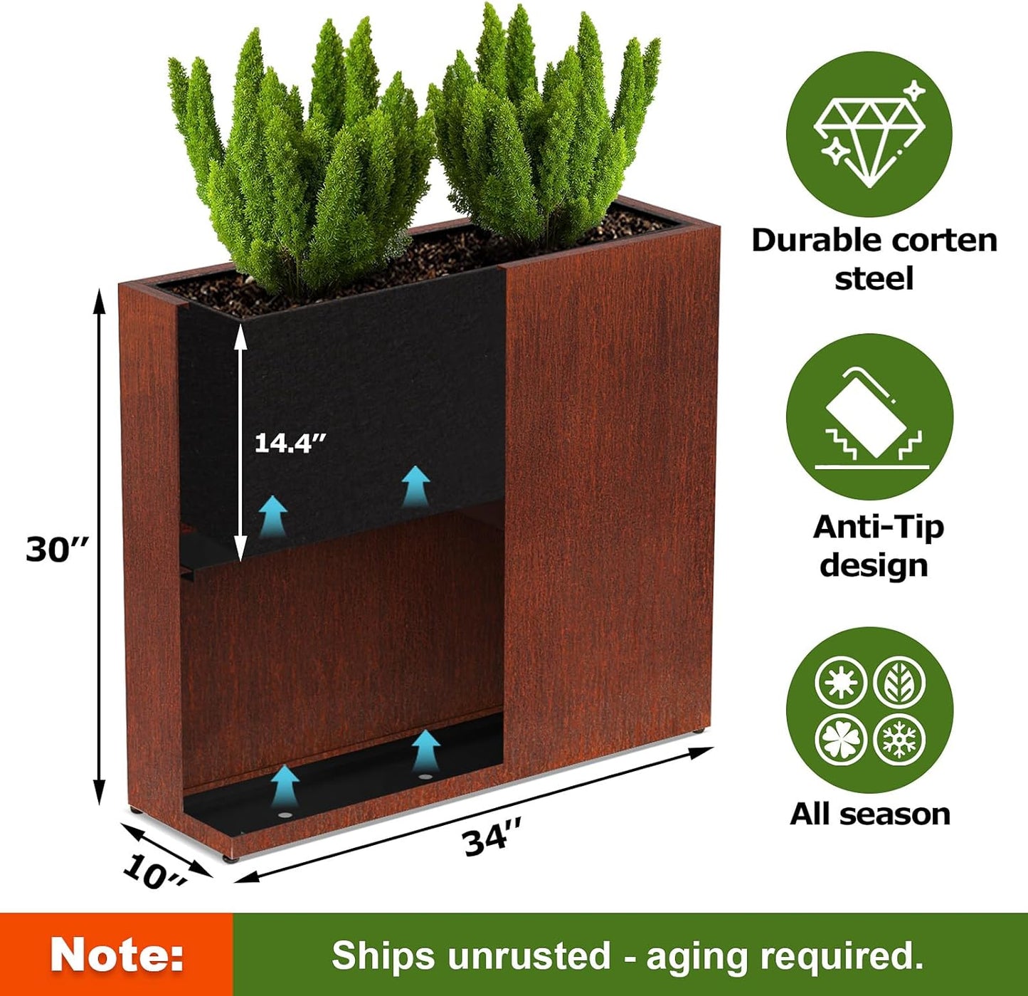 Large Corten Steel Planter Box Outdoor, 30" H x 34" W x 10" D,Tall Rectangular Metal Rusted Planters with Grow Bag,Naturally Rusting Steel Flower Pot,Rustic Décor for Patio,Garden,Deck,Backyard