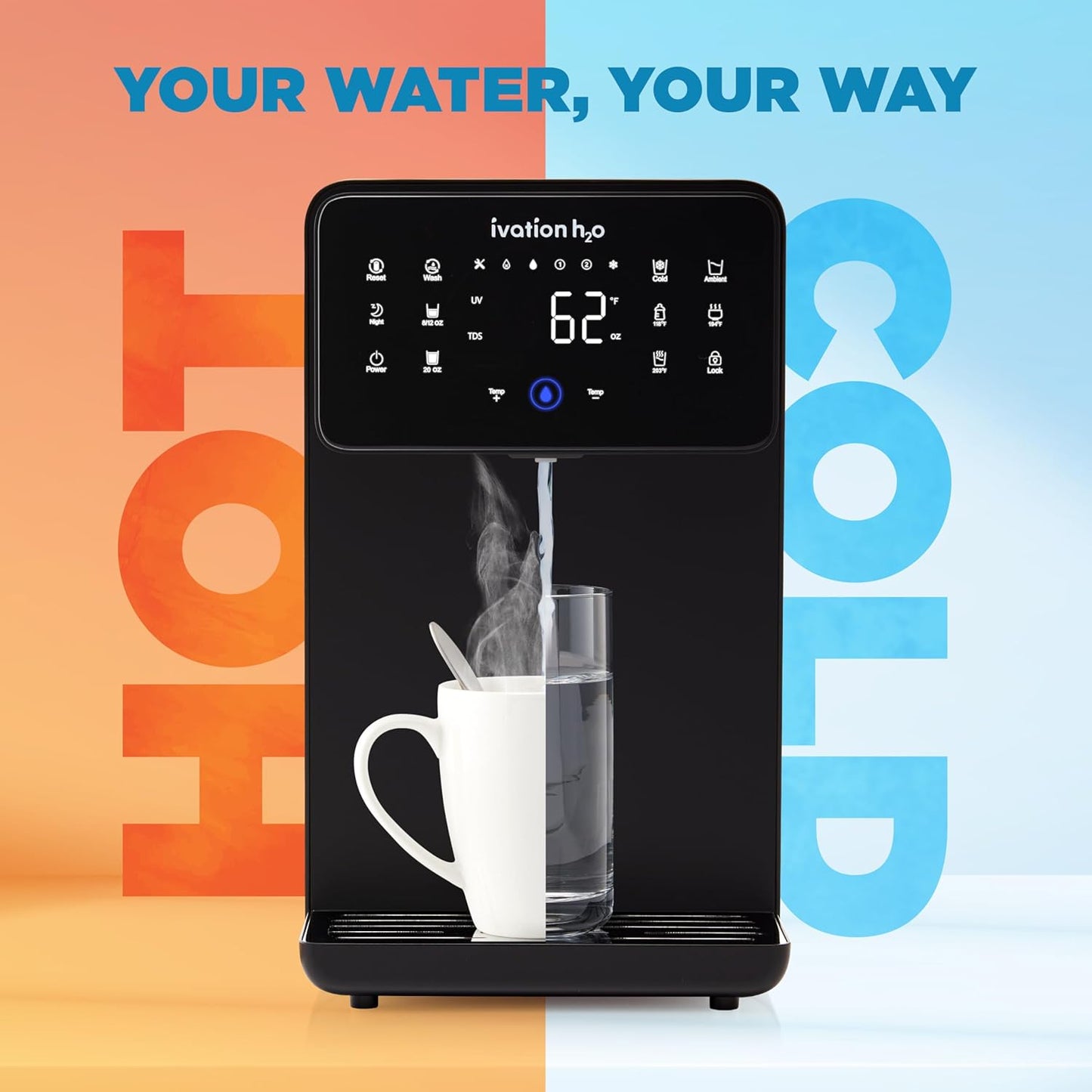 Ivation H2O Hot & Cold, Countertop Reverse Osmosis System, TDS Filter System, 4 Stage RO Water Filtration, 6 Temperature Presets, 3:1 Pure to Drain, Portable Plug-and-Play - Black