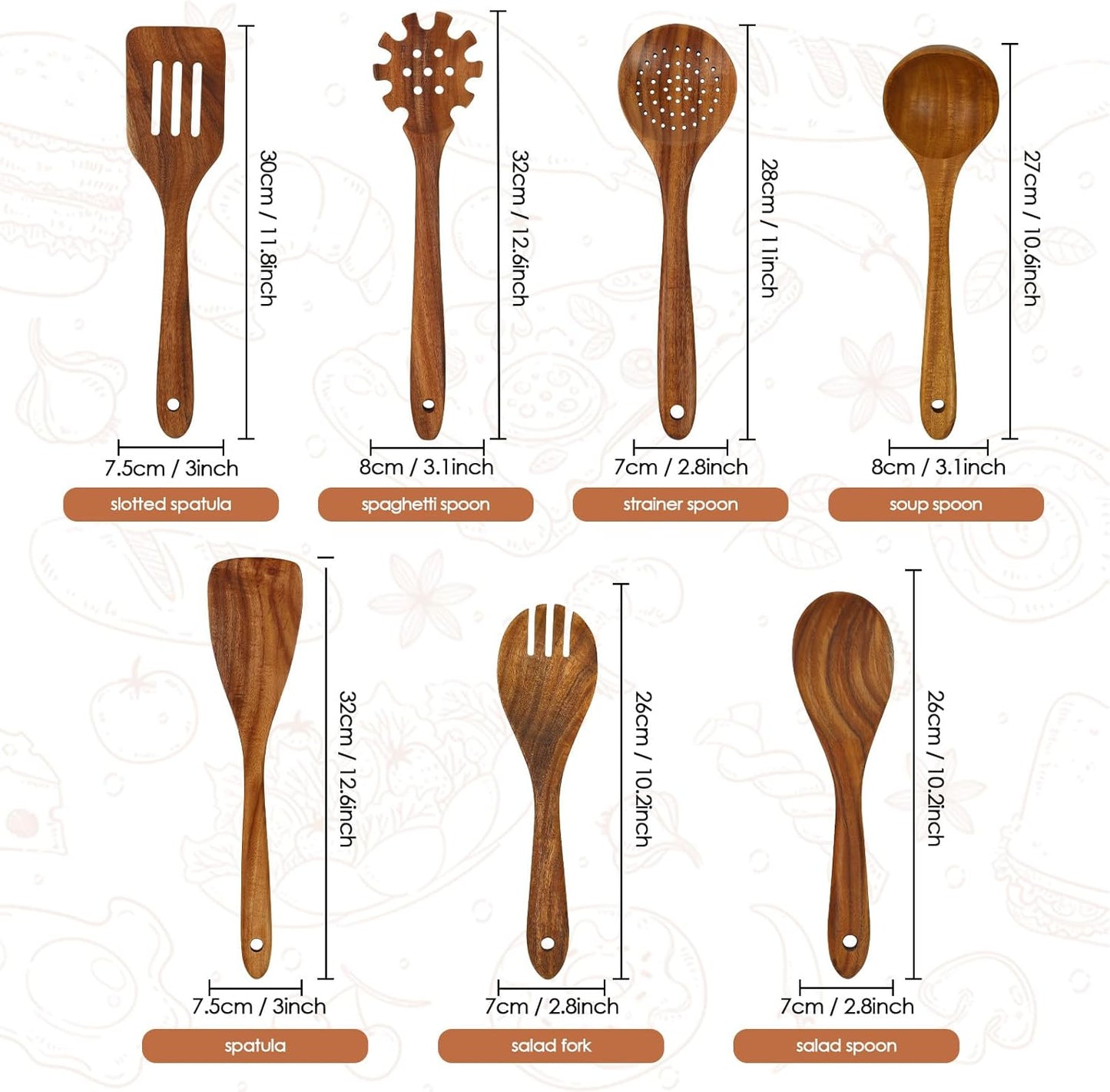 comfoyar Teak Wooden Spoons for Cooking, 7 Pieces Kitchen Cooking Utenails Set with Spatula and Ladle, Heat Resistant Kitchen Cookware for Nonstick Pan