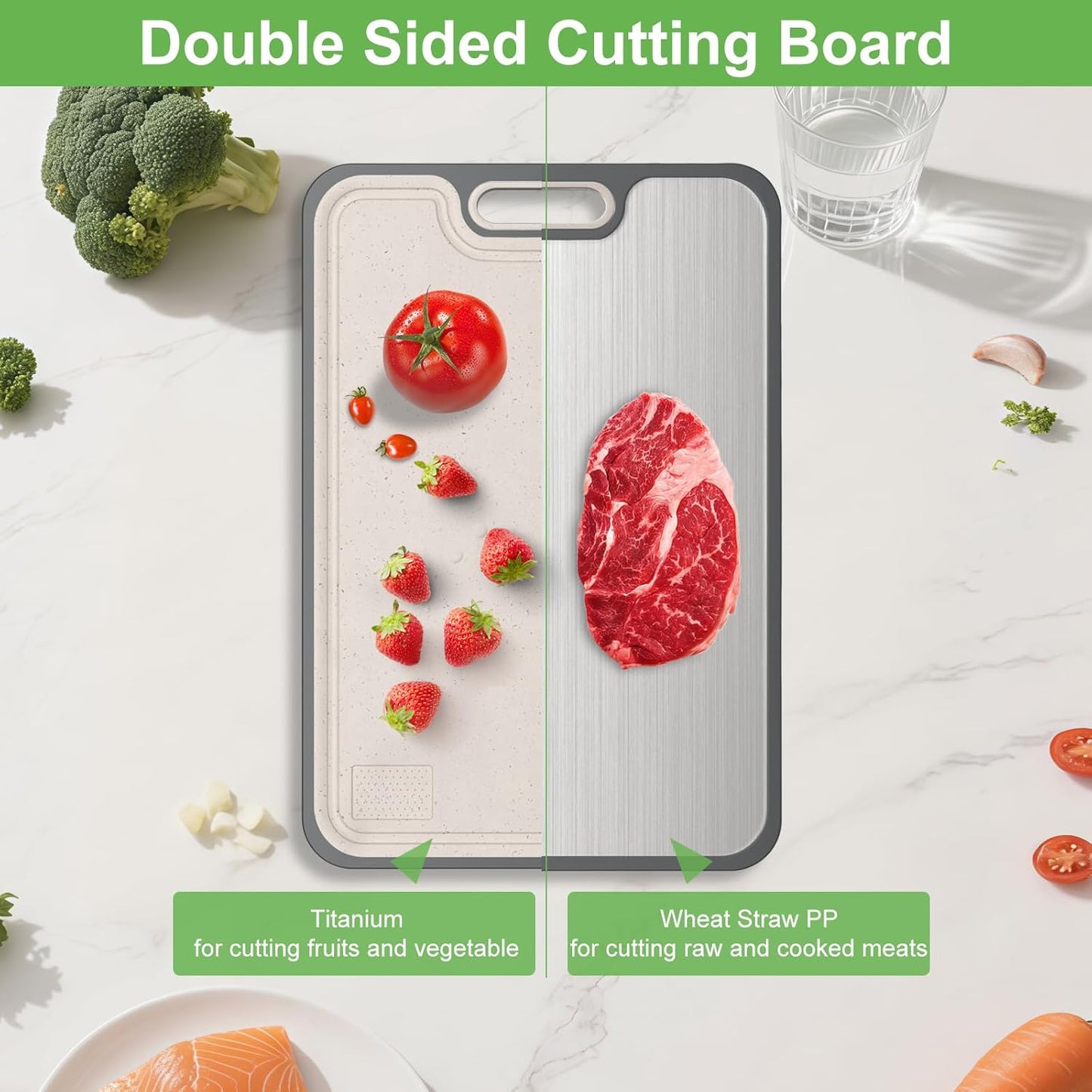 2IN1 Titanium Cutting Boards for Kitchen,Metal Cutting Boards With Pure Titanium and Wheat Straw PP,Double Sided Chopping Board with Juice Groove Dishwasher Safe Easy to Clean Non Toxic 15"X10"
