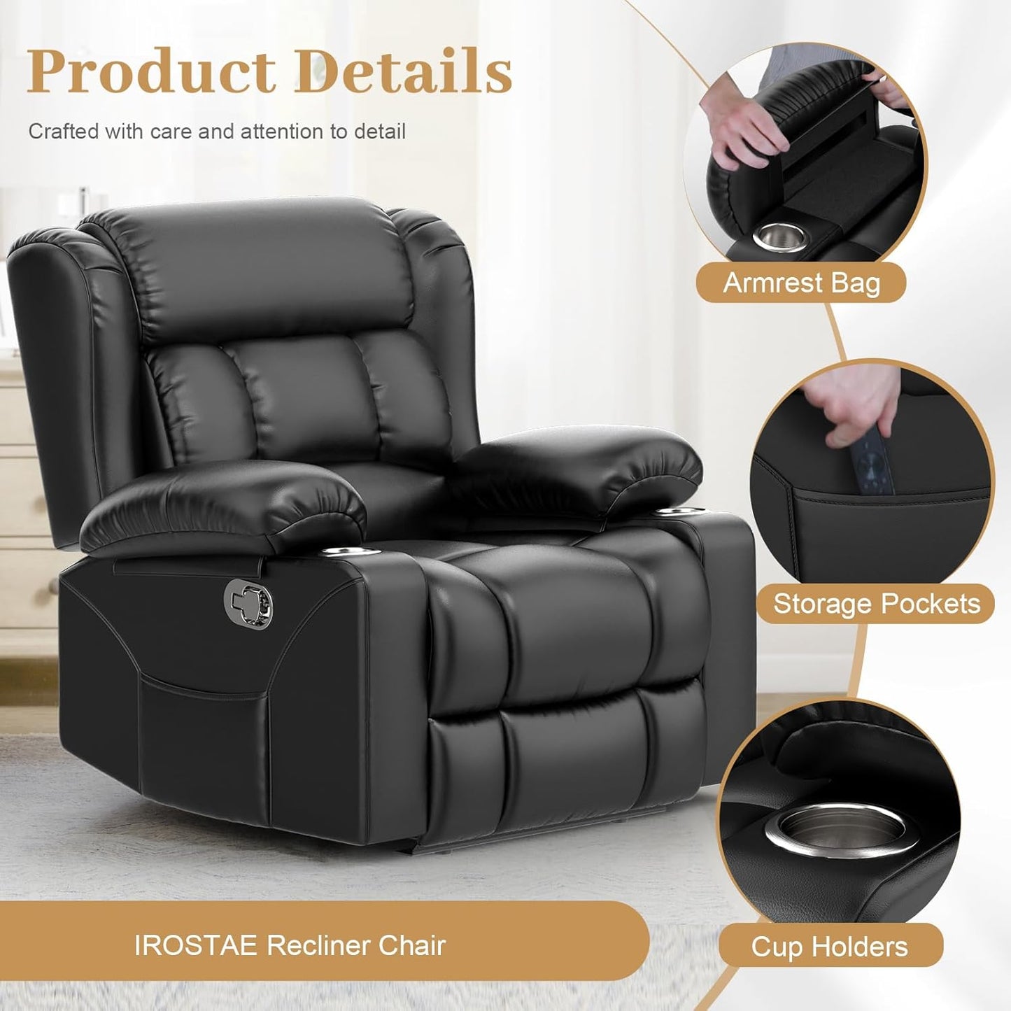 Recliner Chair for Adults, Oversized PU Leather Manual Pull Tab Reclining Chair with Cup Holders, Minimalist Style Single Sofa for Living Room, RV (Black)