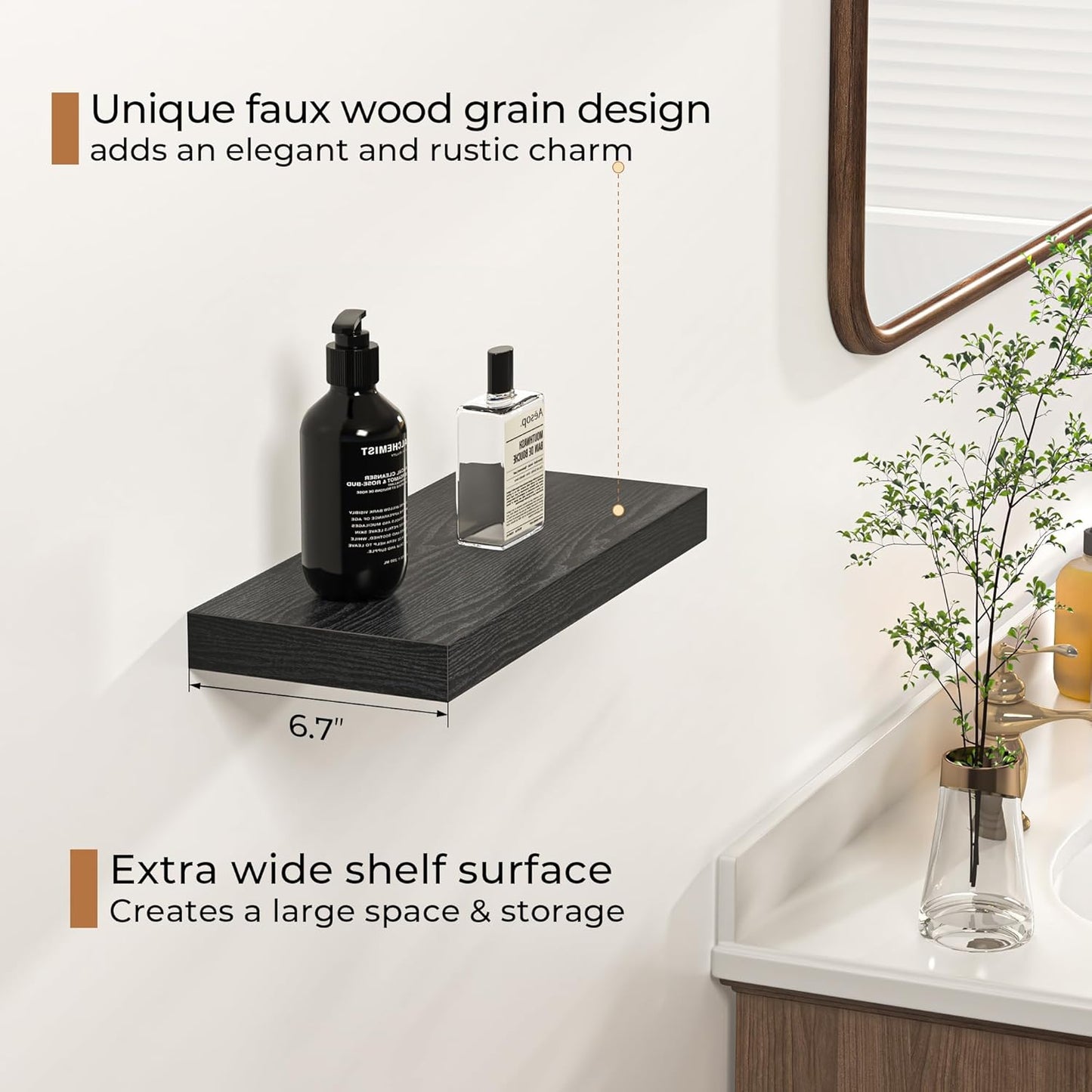 Fun Memories Floating Shelves - 16 Inch Rustic Black Wall Shelf - Wall Mounted Shelves for Wall Decor Storage - Wooden Shelves with Invisible Brackets for Living Room, Bedroom, Kitchen, 2 Pack